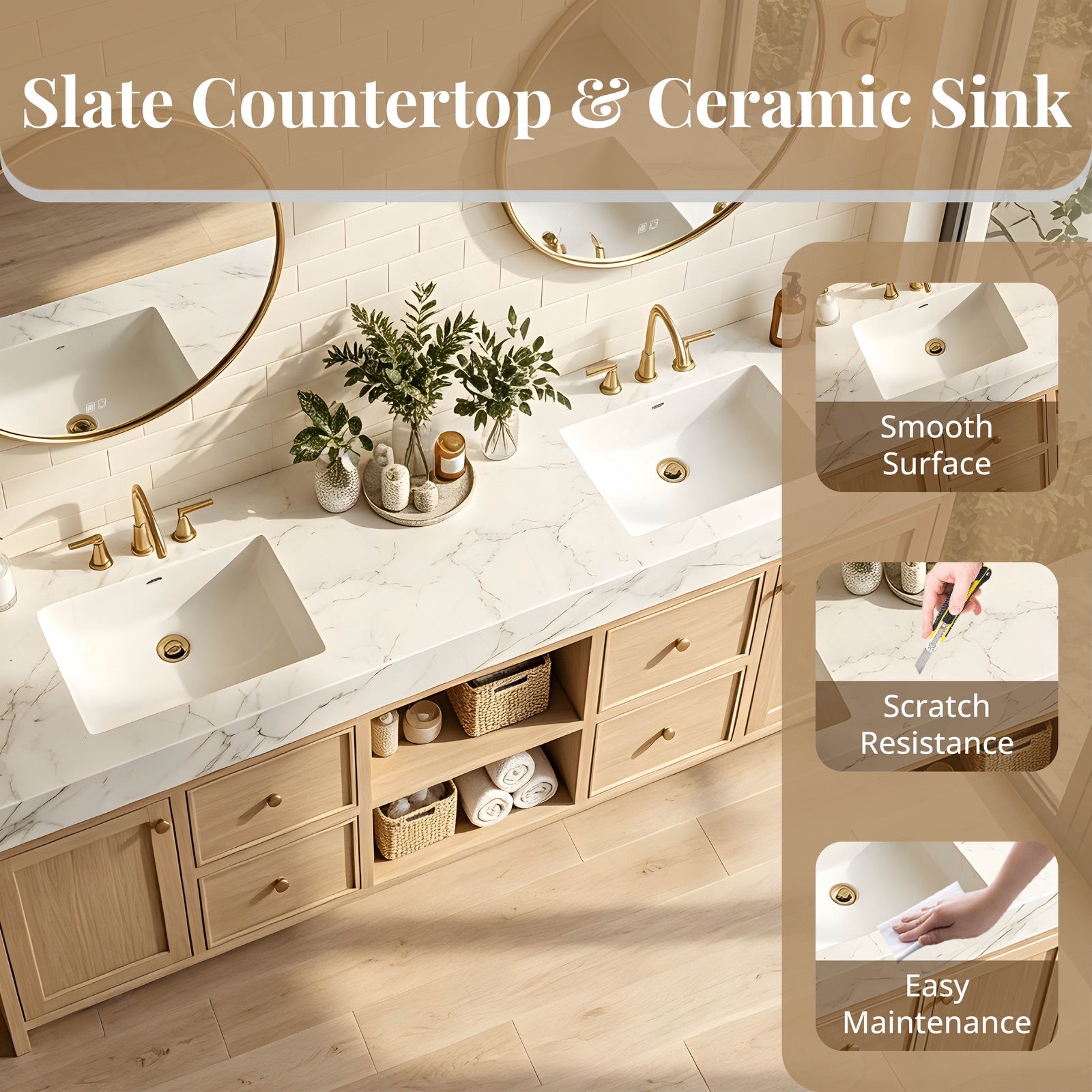 Modern Bath Vanity Set, Natural, Marble Textured Top, 72"-104", Double, Freestanding, Open Storage, Gold Accents, Dual Round Smart LED Mirror