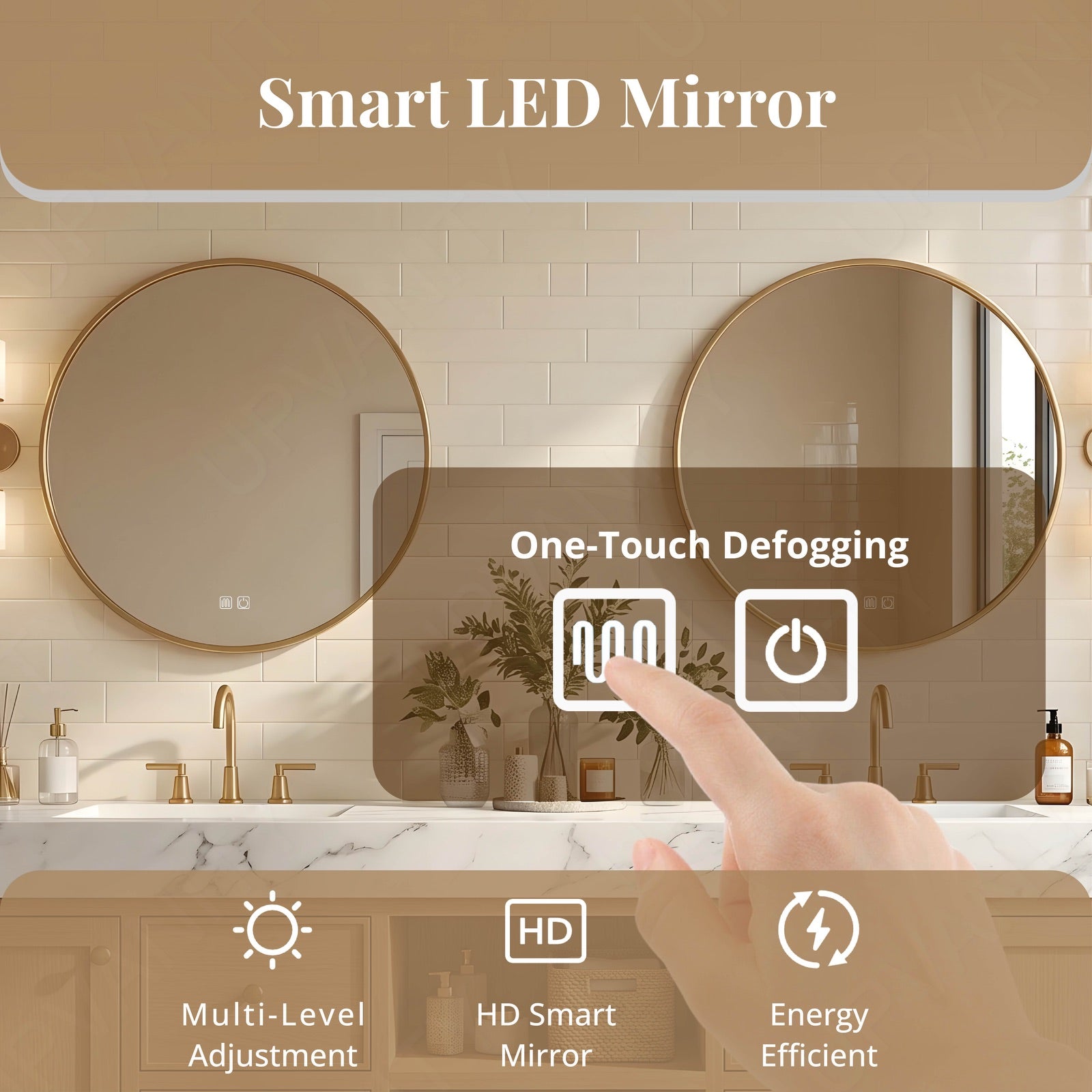 Modern Bath Vanity Set, Natural, Marble Textured Top, 72"-104", Double, Freestanding, Open Storage, Gold Accents, Dual Round Smart LED Mirror