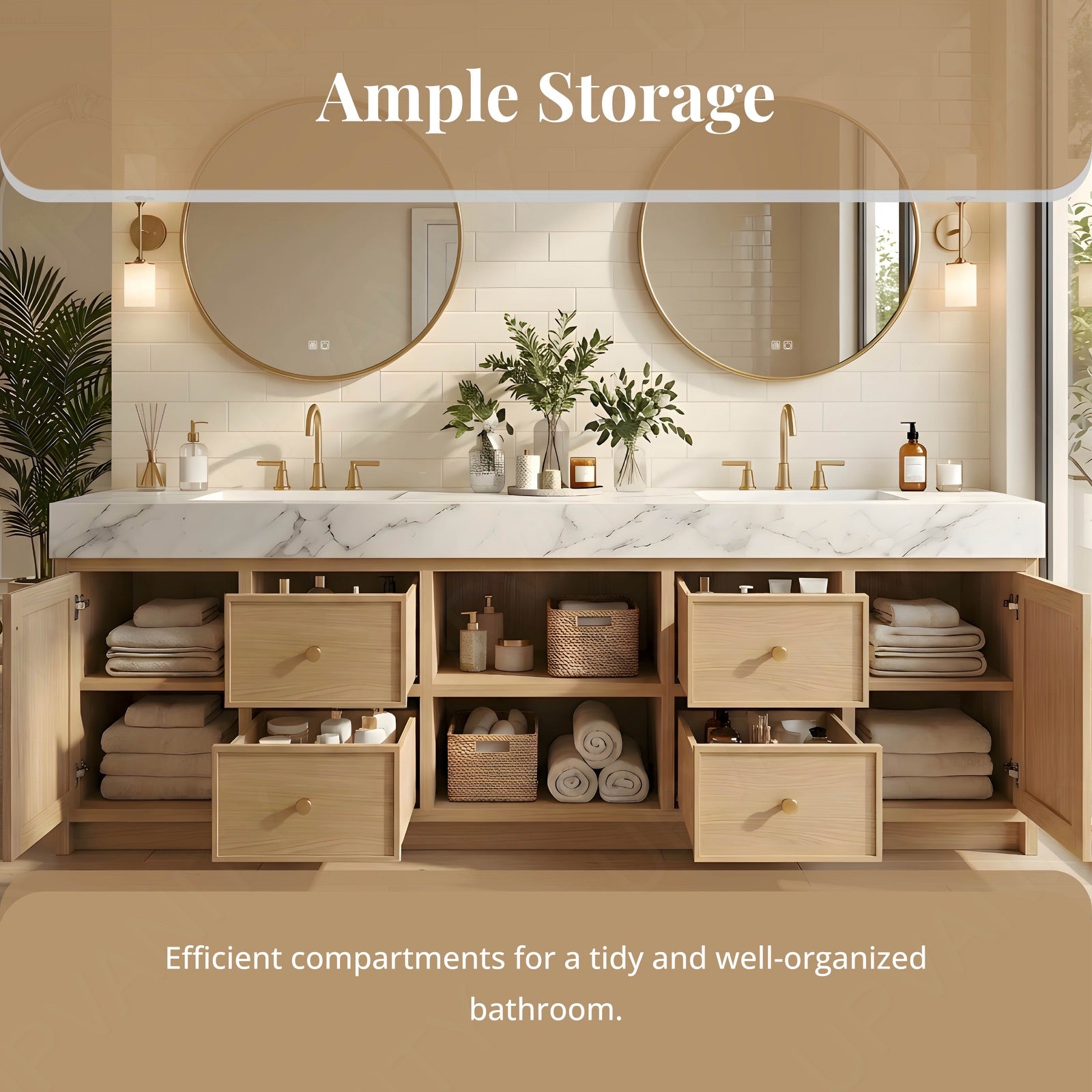 Modern Bath Vanity Set, Natural, Marble Textured Top, 72"-104", Double, Freestanding, Open Storage, Gold Accents, Dual Round Smart LED Mirror