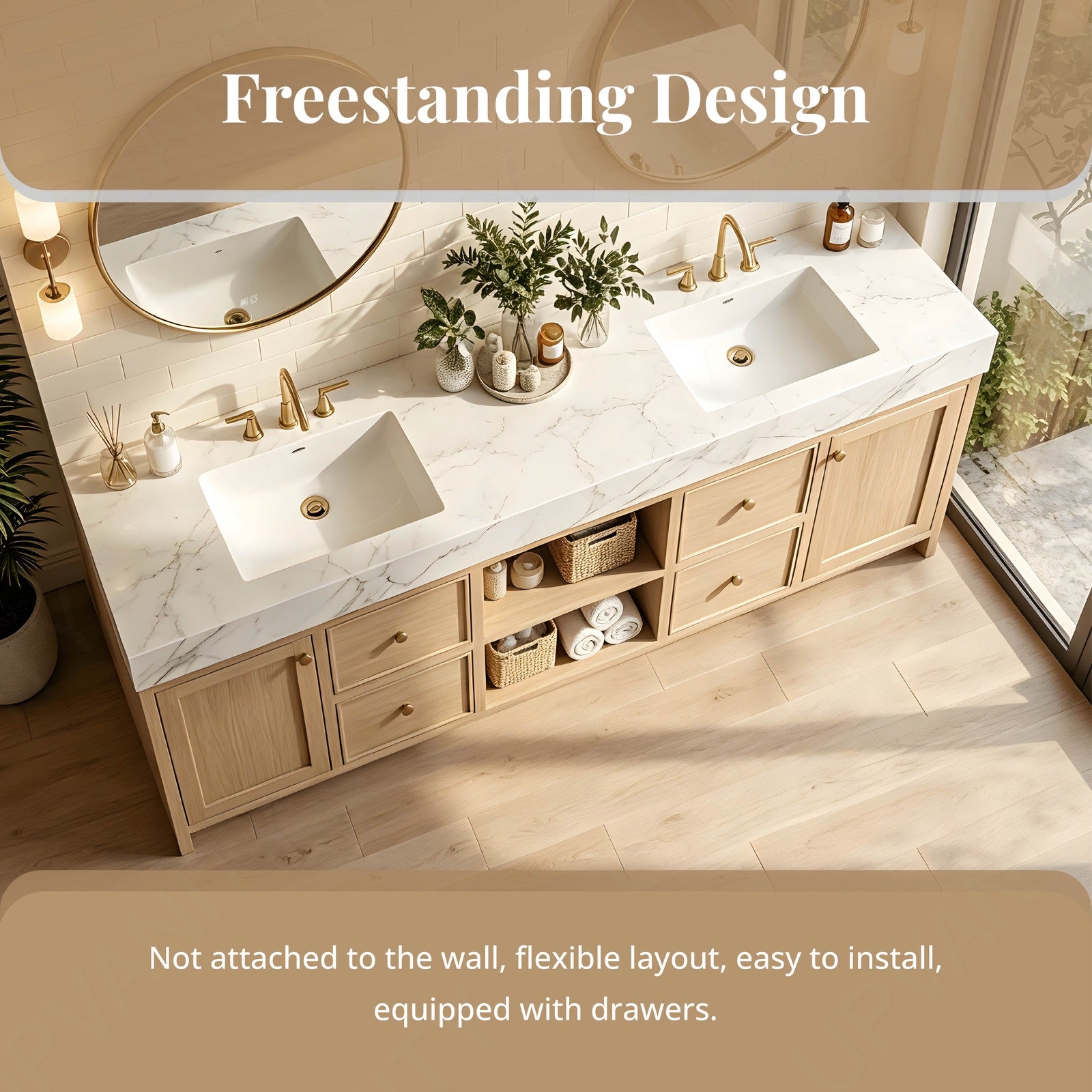 Modern Bath Vanity Set, Natural, Marble Textured Top, 72"-104", Double, Freestanding, Open Storage, Gold Accents, Dual Round Smart LED Mirror