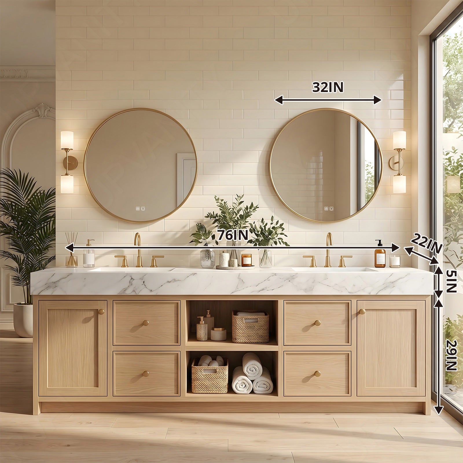 Modern Bath Vanity Set, Natural, Marble Textured Top, 72"-104", Double, Freestanding, Open Storage, Gold Accents, Dual Round Smart LED Mirror