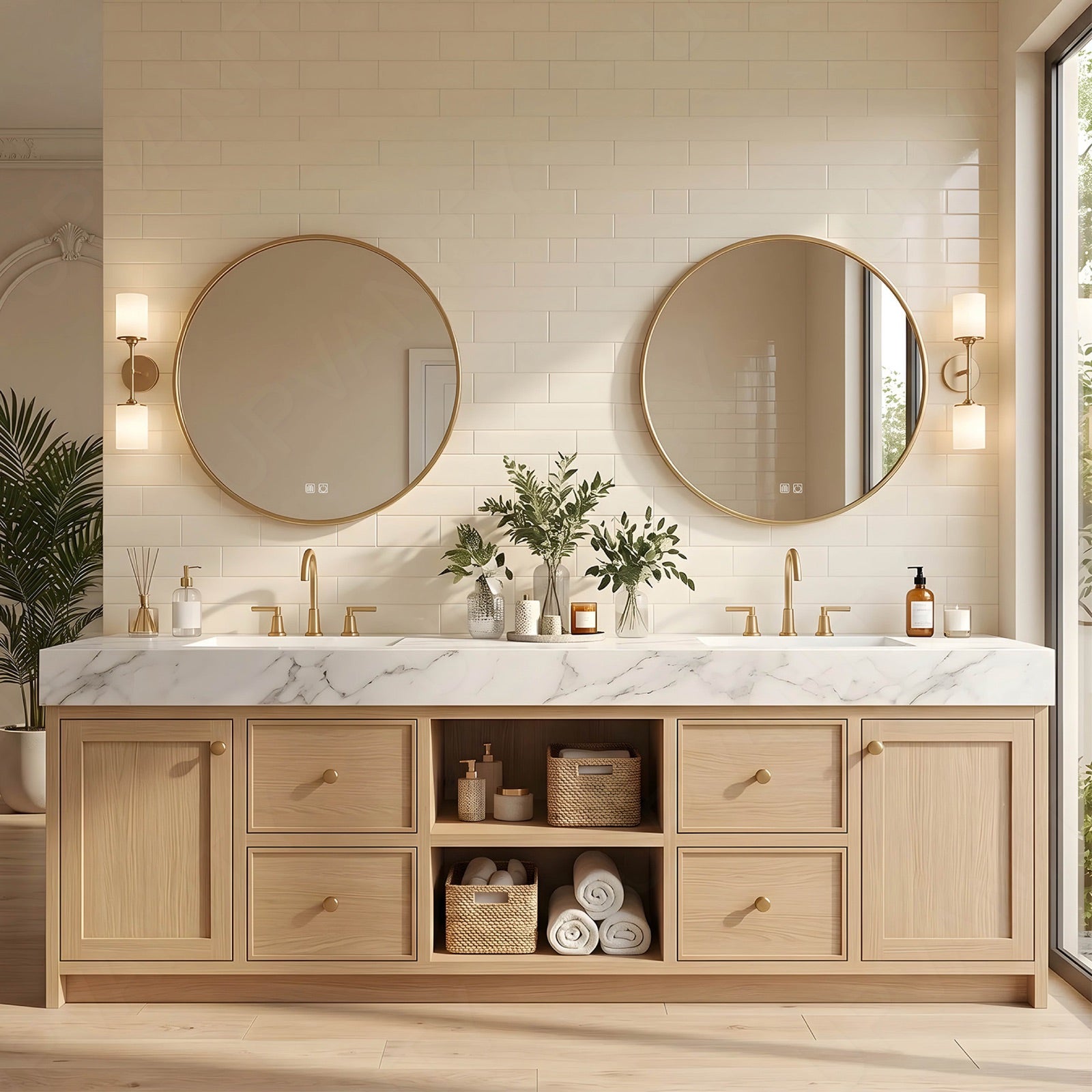 Modern Bath Vanity Set, Natural, Marble Textured Top, 72"-104", Double, Freestanding, Open Storage, Gold Accents, Dual Round Smart LED Mirror