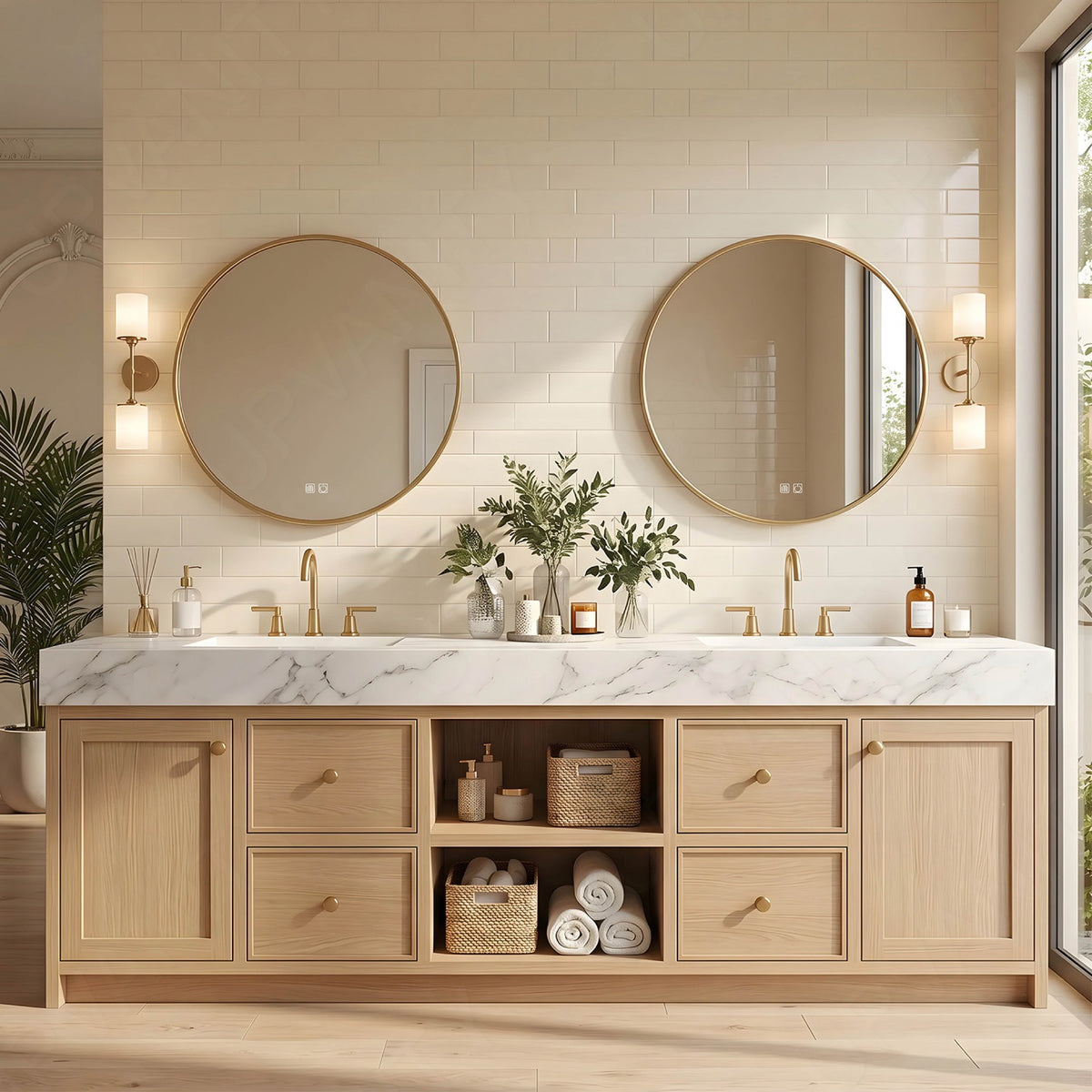 Modern Bath Vanity Set, Natural, Marble Textured Top, 72"-104", Double, Freestanding, Open Storage, Gold Accents, Dual Round Smart LED Mirror
