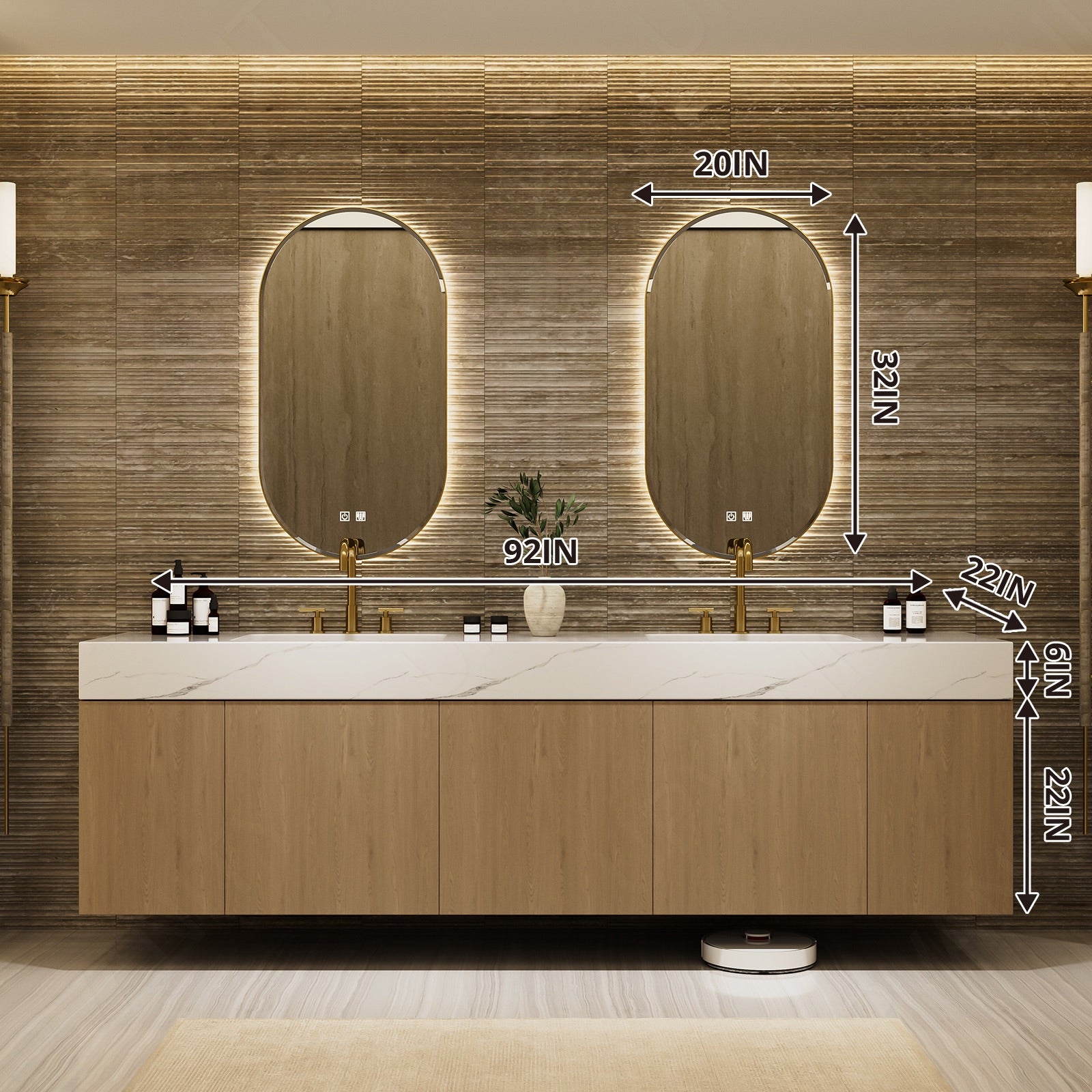 Modern Bath Vanity Set, Natural, Marble Textured Top, 80"-104", Double, Floating, Gold Accents, Dual Oval Smart LED Mirror
