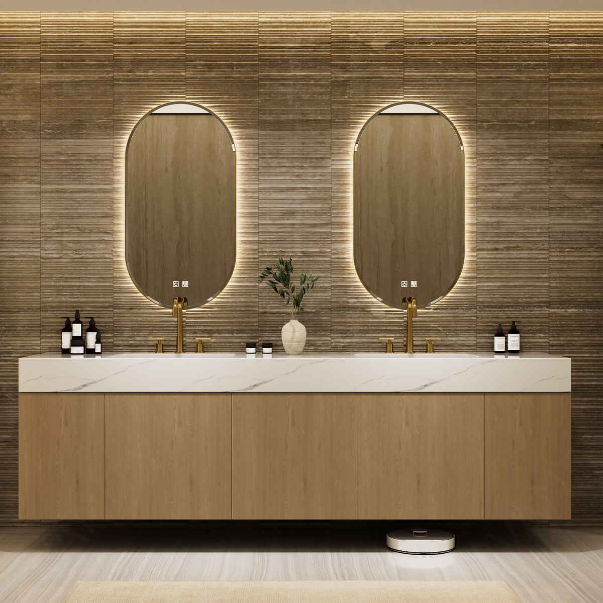 Modern Bath Vanity Set, Natural, Marble Textured Top, 80"-104", Double, Floating, Gold Accents, Dual Oval Smart LED Mirror