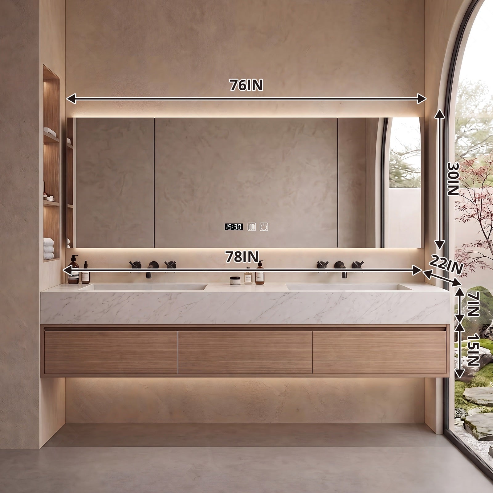 Modern Bath Vanity Set, Natural, Marble Textured Top, Black Accents, 56"-78", Double, Floating, Smart LED Mirror, Rear Cabinet