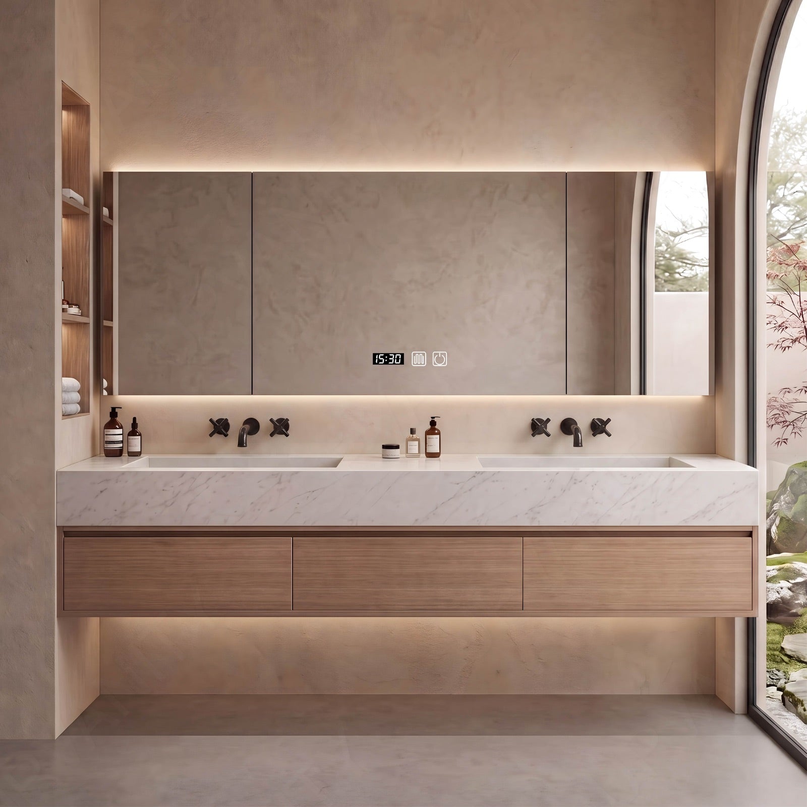 Modern Bath Vanity Set, Natural, Marble Textured Top, Black Accents, 56"-78", Double, Floating, Smart LED Mirror, Rear Cabinet