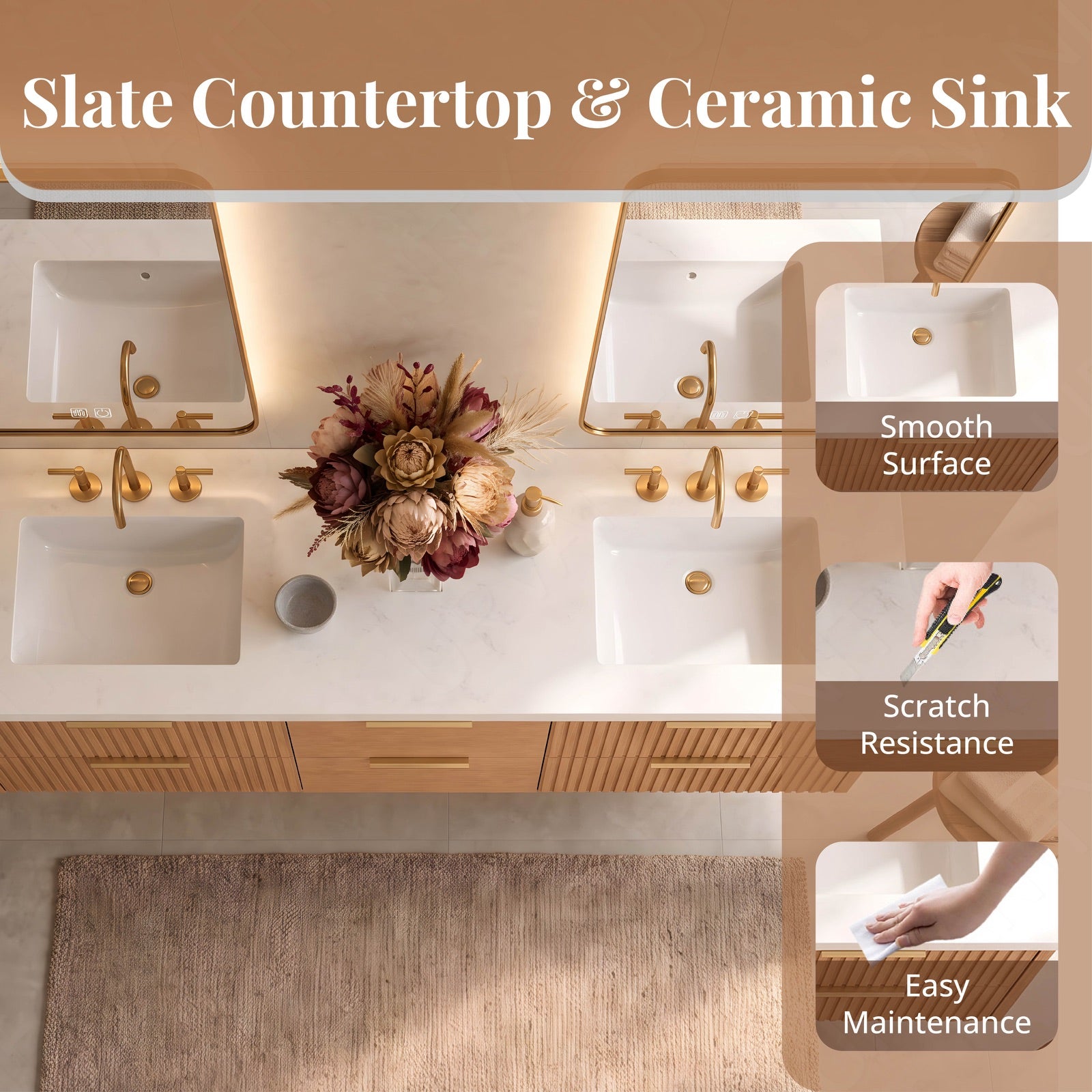 Modern Bath Vanity Set, Natural Oak, White Slate Top, 56"-78", Double, Floating, Fluted Panel, Dual Smart LED Mirror