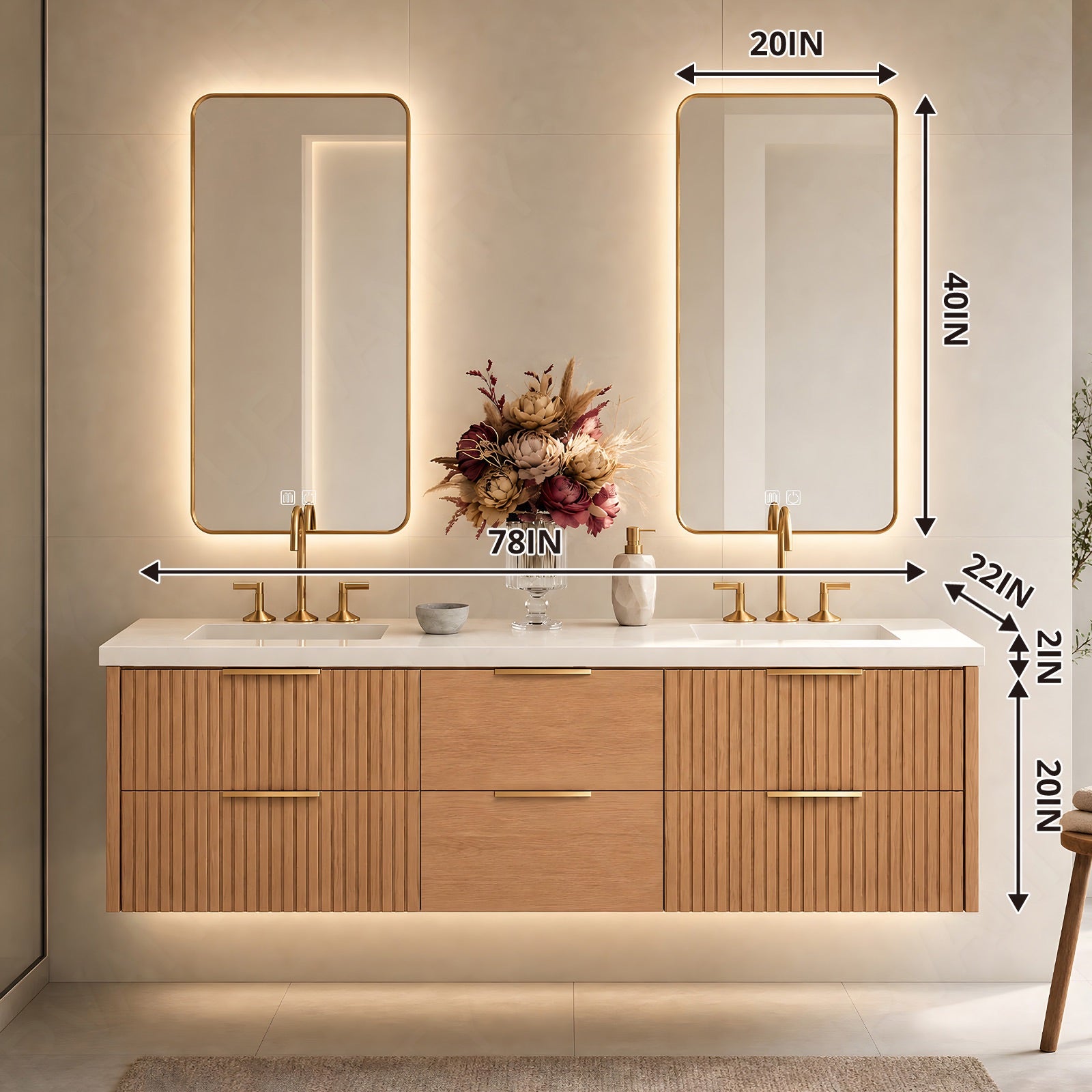 Modern Bath Vanity Set, Natural Oak, White Slate Top, 56"-78", Double, Floating, Fluted Panel, Dual Smart LED Mirror