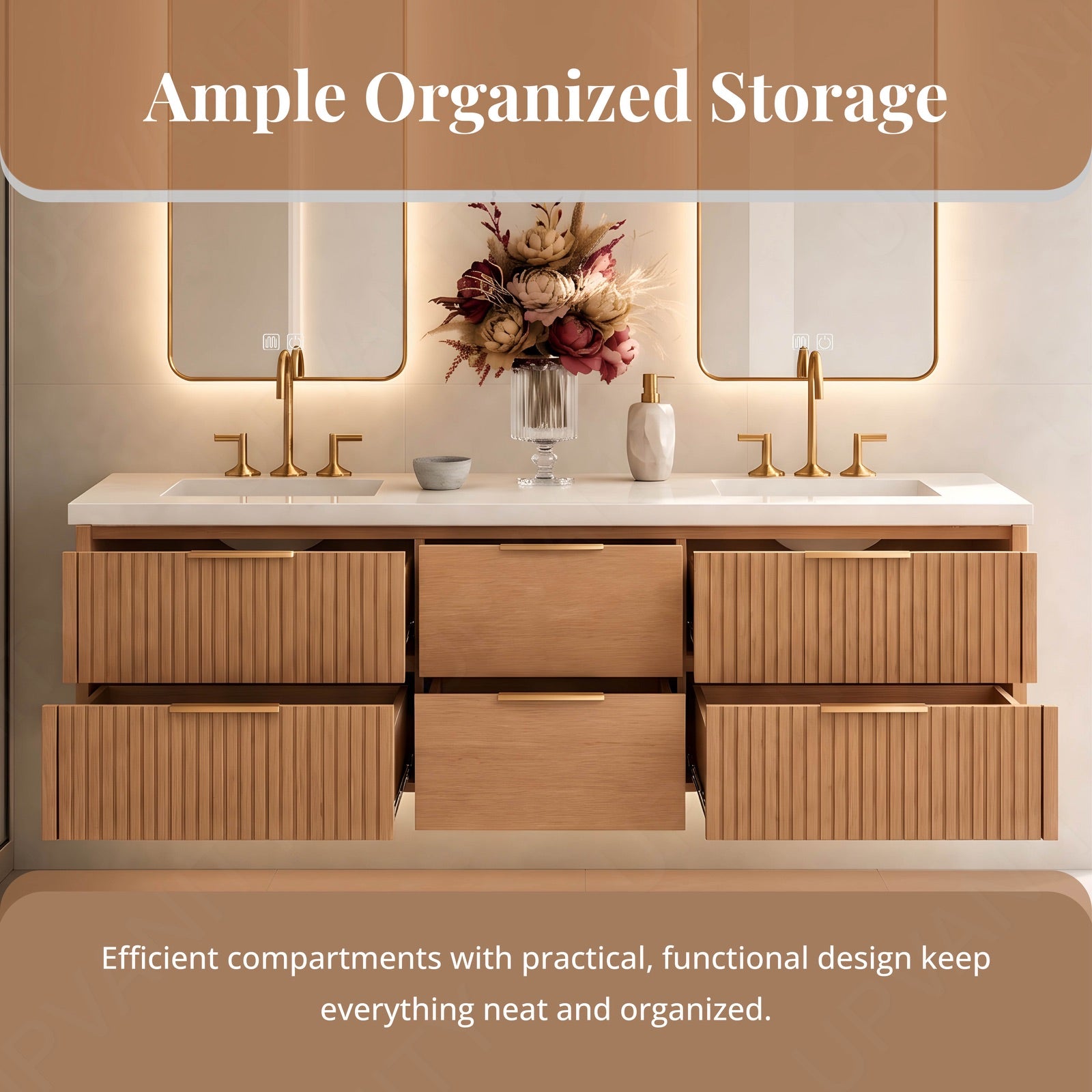 Modern Bath Vanity Set, Natural Oak, White Slate Top, 56"-78", Double, Floating, Fluted Panel, Dual Smart LED Mirror