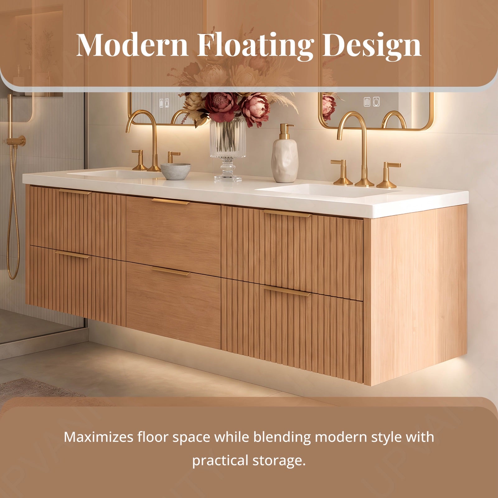 Modern Bath Vanity Set, Natural Oak, White Slate Top, 56"-78", Double, Floating, Fluted Panel, Dual Smart LED Mirror