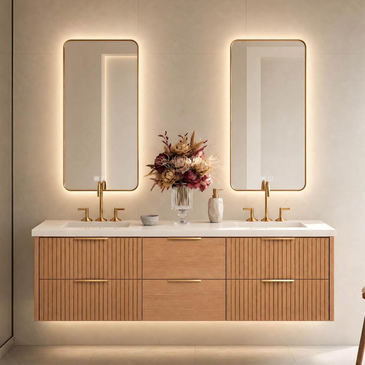 Modern Bath Vanity Set, Natural Oak, White Slate Top, 56"-78", Double, Floating, Fluted Panel, Dual Smart LED Mirror