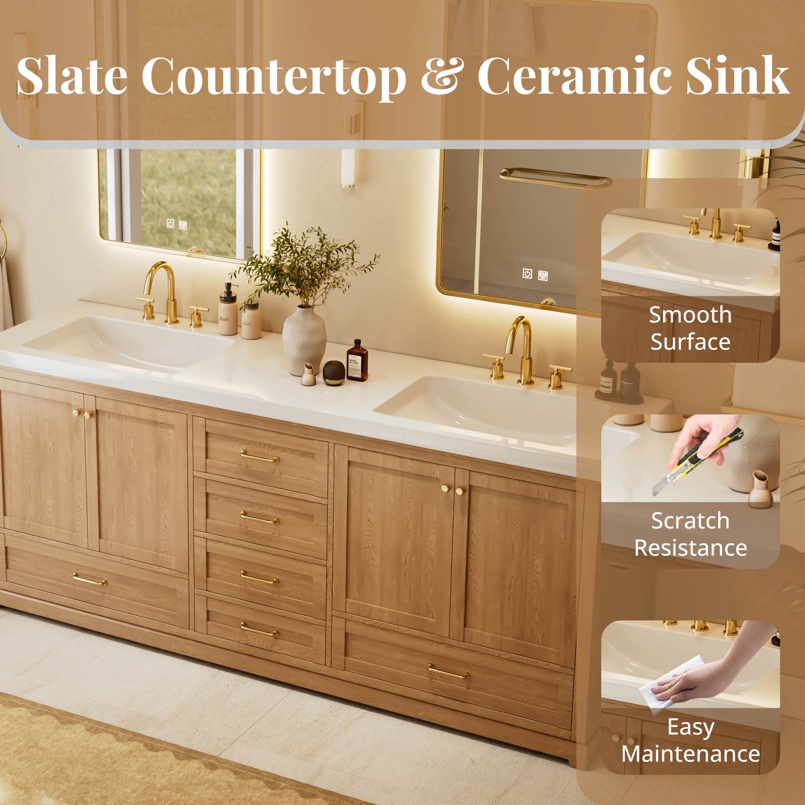 Modern Bath Vanity Set, Natural Oak, White Slate Top, 72"-104", Double, Freestanding, Gold Accents, Dual Smart LED Mirror