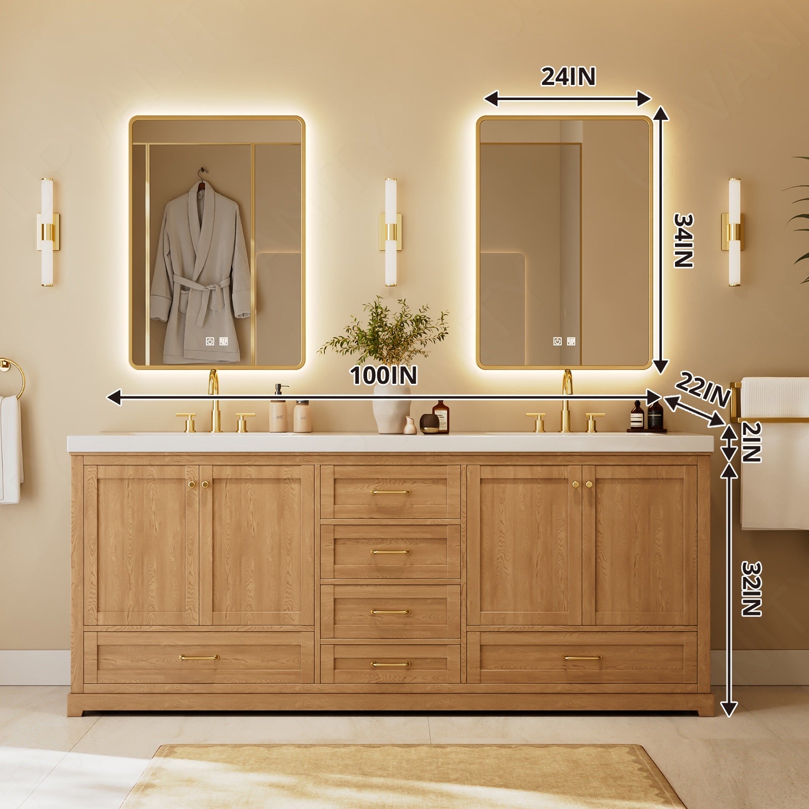 Modern Bath Vanity Set, Natural Oak, White Slate Top, 72"-104", Double, Freestanding, Gold Accents, Dual Smart LED Mirror