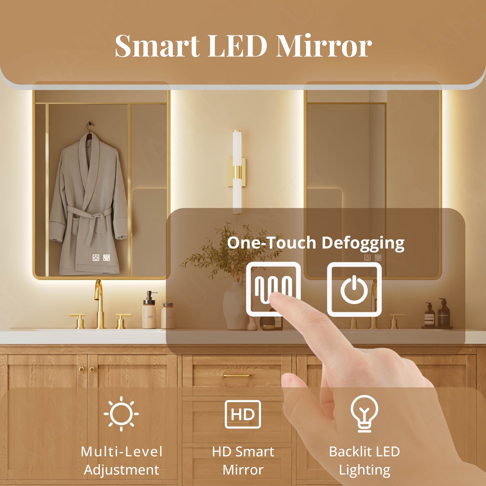 Modern Bath Vanity Set, Natural Oak, White Slate Top, 72"-104", Double, Freestanding, Gold Accents, Dual Smart LED Mirror