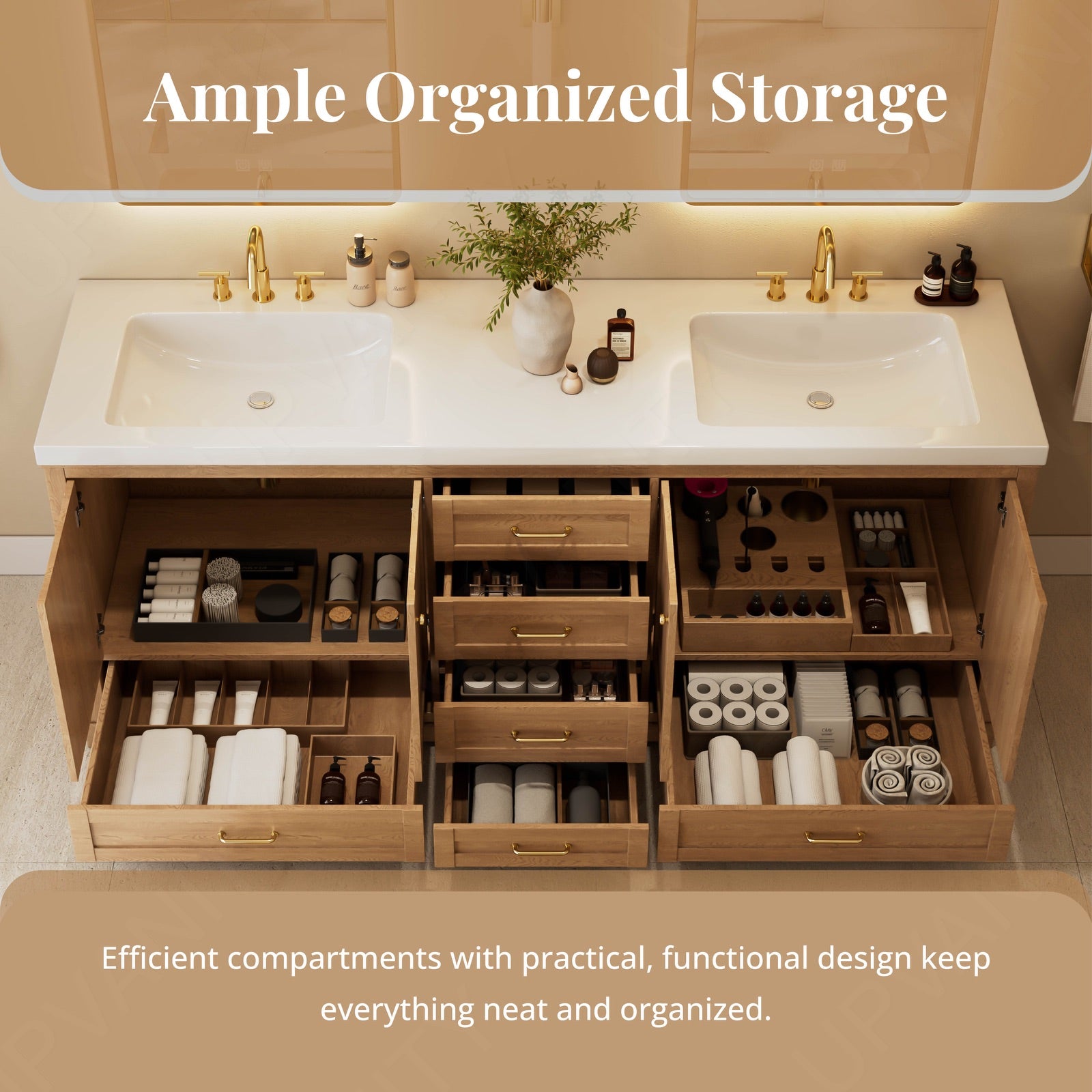 Modern Bath Vanity Set, Natural Oak, White Slate Top, 72"-104", Double, Freestanding, Gold Accents, Dual Smart LED Mirror