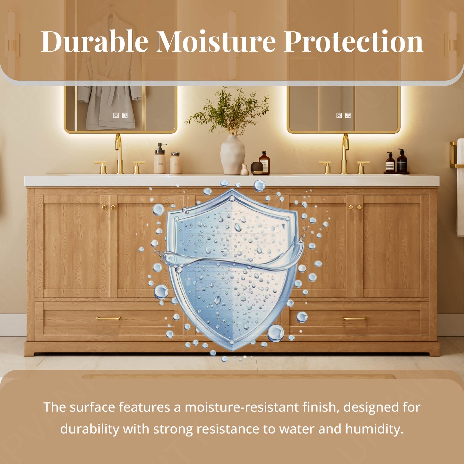 Modern Bath Vanity Set, Natural Oak, White Slate Top, 72"-104", Double, Freestanding, Gold Accents, Dual Smart LED Mirror