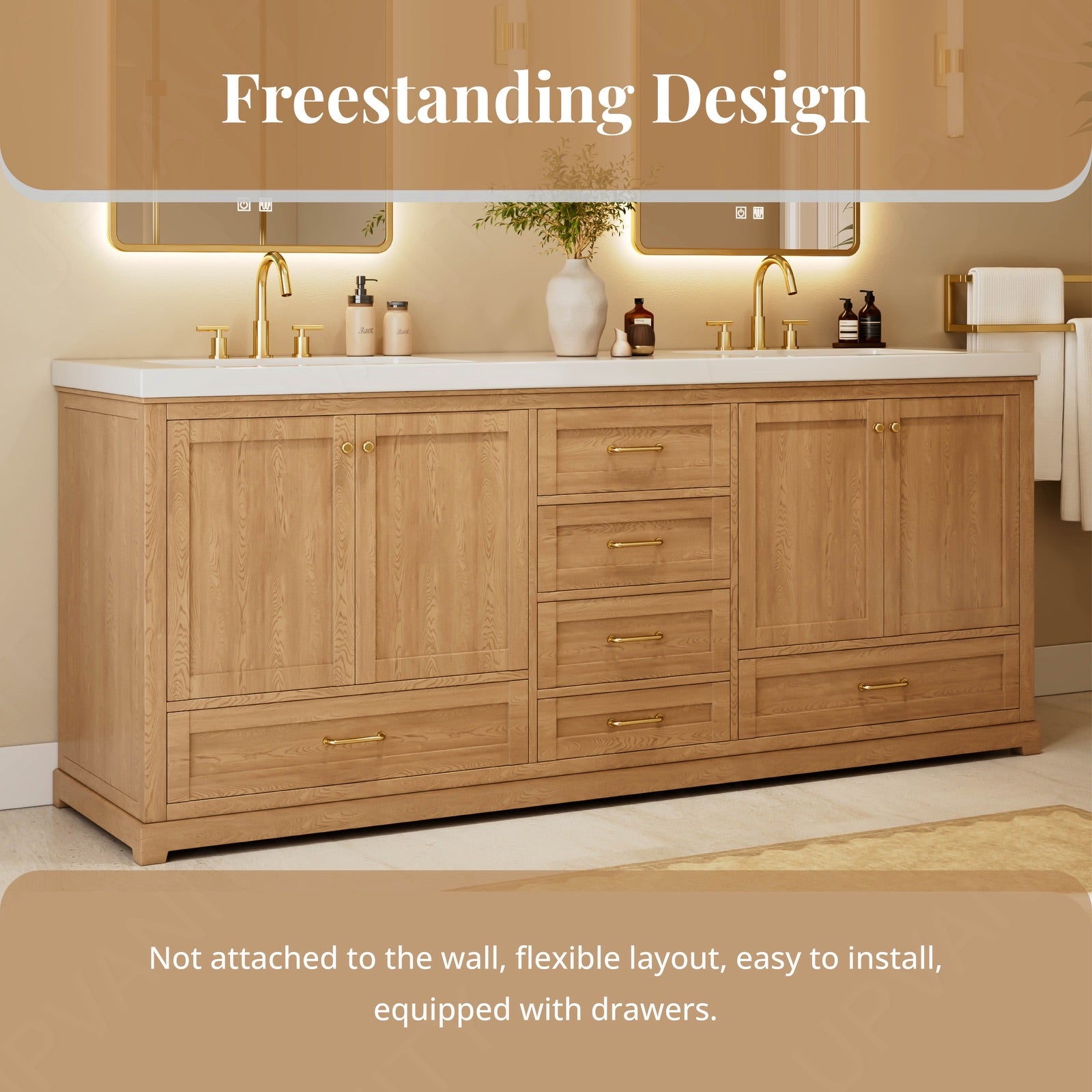 Modern Bath Vanity Set, Natural Oak, White Slate Top, 72"-104", Double, Freestanding, Gold Accents, Dual Smart LED Mirror