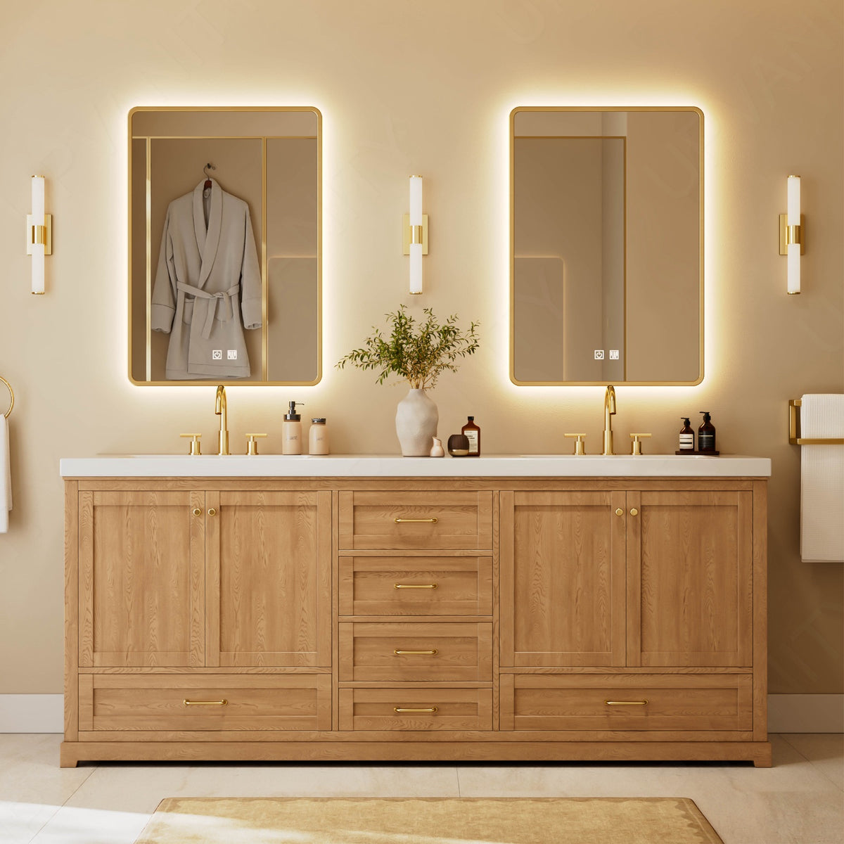 Modern Bath Vanity Set, Natural Oak, White Slate Top, 72"-104", Double, Freestanding, Gold Accents, Dual Smart LED Mirror