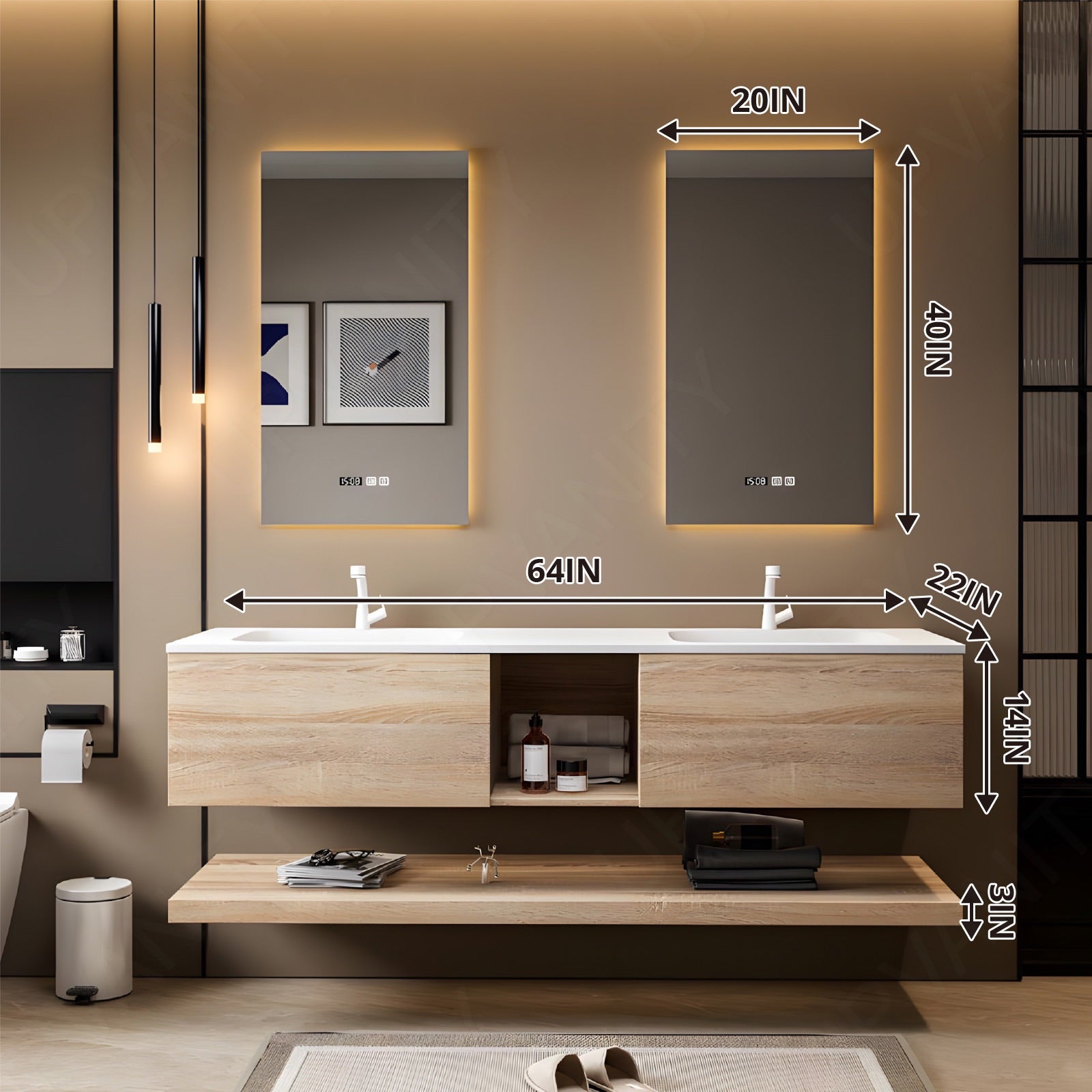 Modern Bath Vanity Set, Natural, Slate White Top, 56"-78", Double, Floating, Open Storage, Dual Smart LED Mirror