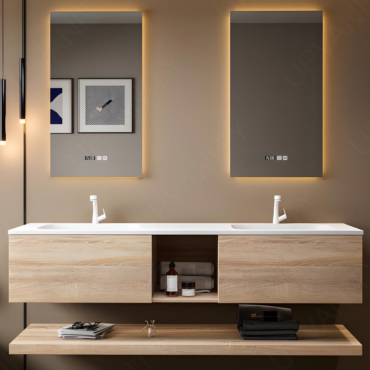 Modern Bath Vanity Set, Natural, Slate White Top, 56"-78", Double, Floating, Open Storage, Dual Smart LED Mirror