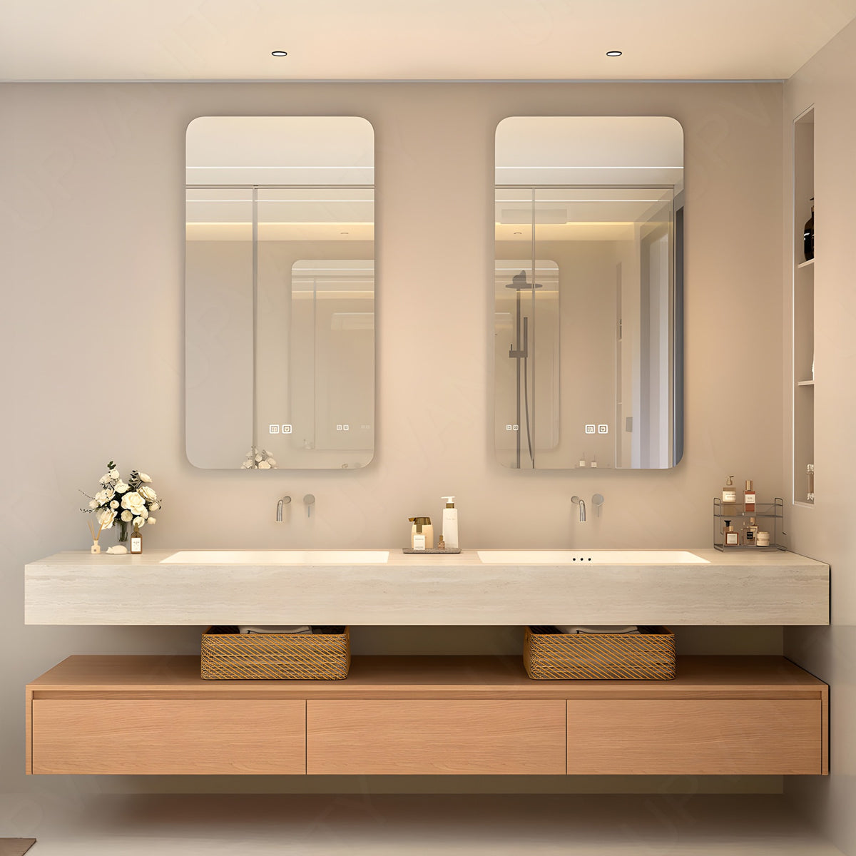 Modern Bath Vanity Set, Natural, Split Beige Top, 56"-78", Double, Floating, Open Storage, Smart LED Mirror