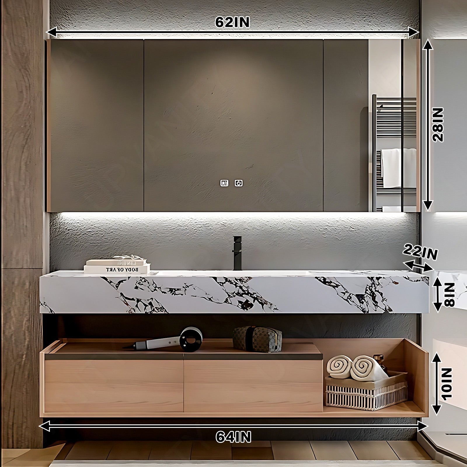 Modern Bath Vanity Set, Natural, Split White Marble Textured Top, Open Storage, 44"- 64", Single, Floating, Smart LED Mirror, Rear Cabinet