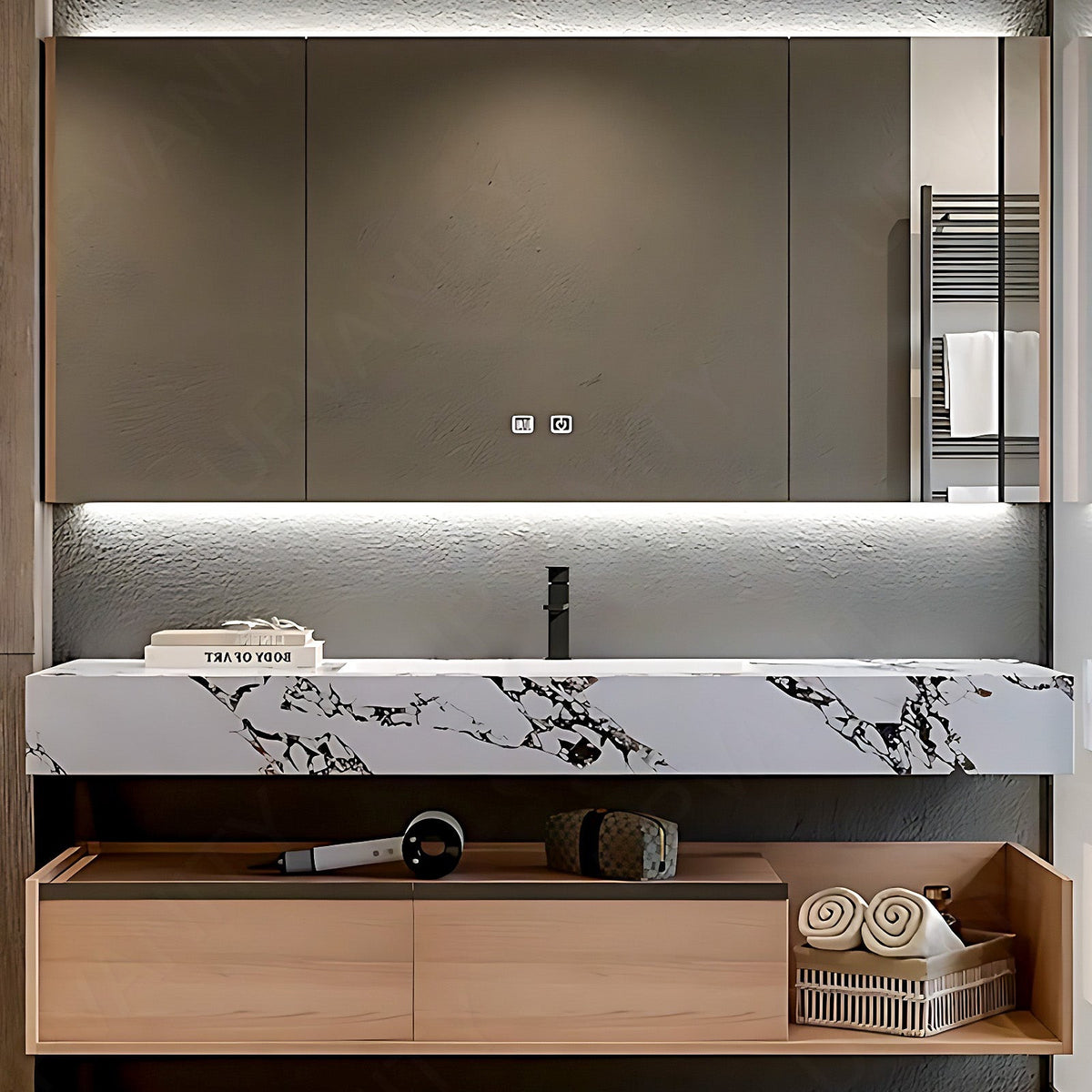 Modern Bath Vanity Set, Natural, Split White Marble Textured Top, Open Storage, 44"- 64", Single, Floating, Smart LED Mirror, Rear Cabinet