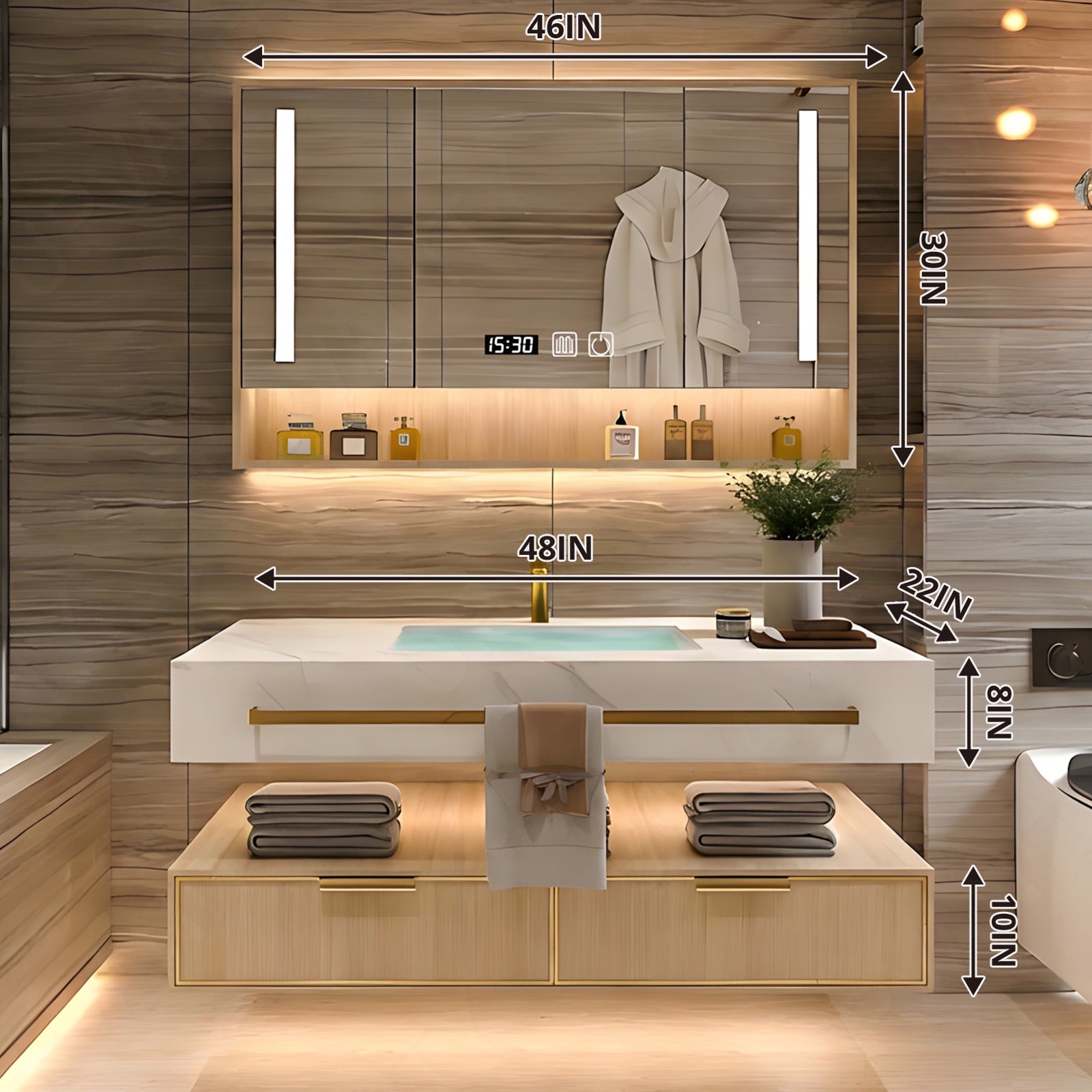 Modern Bath Vanity Set, Natural, Split White Top, 32"- 78", Single/Double, Floating, Smart LED Mirror, Rear Cabinet