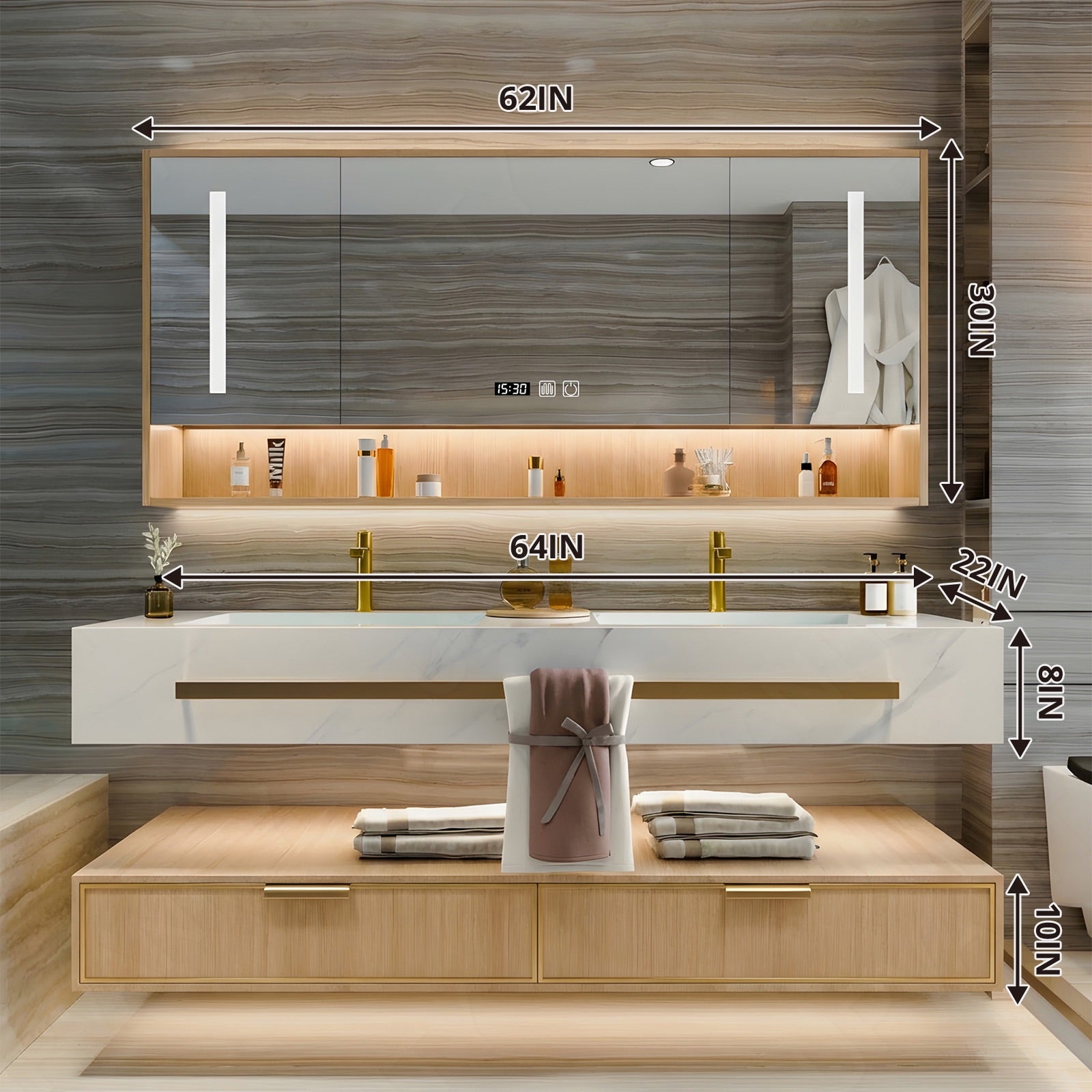 Modern Bath Vanity Set, Natural, Split White Top, 32"- 78", Single/Double, Floating, Smart LED Mirror, Rear Cabinet