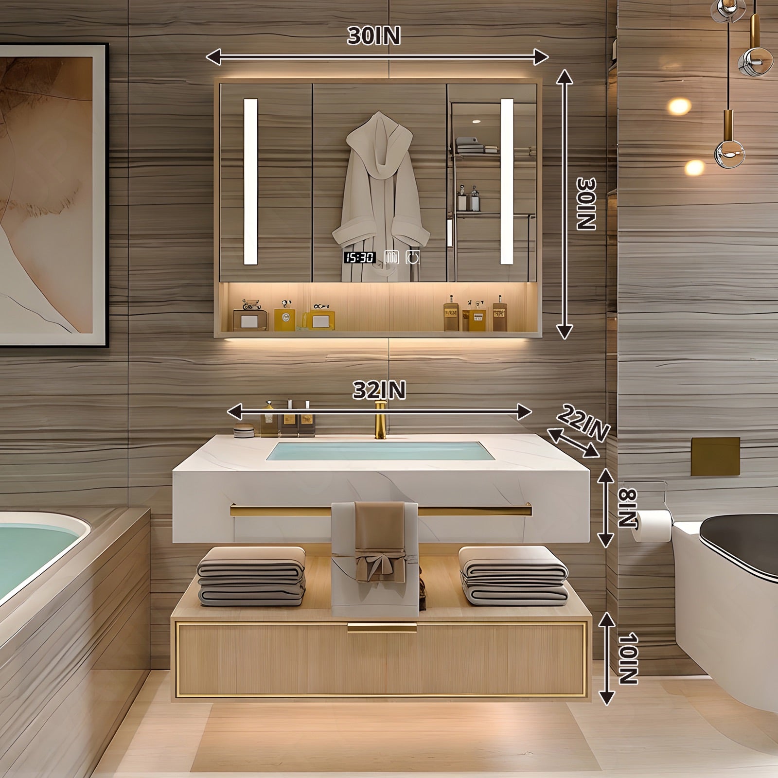 Modern Bath Vanity Set, Natural, Split White Top, 32"- 78", Single/Double, Floating, Smart LED Mirror, Rear Cabinet