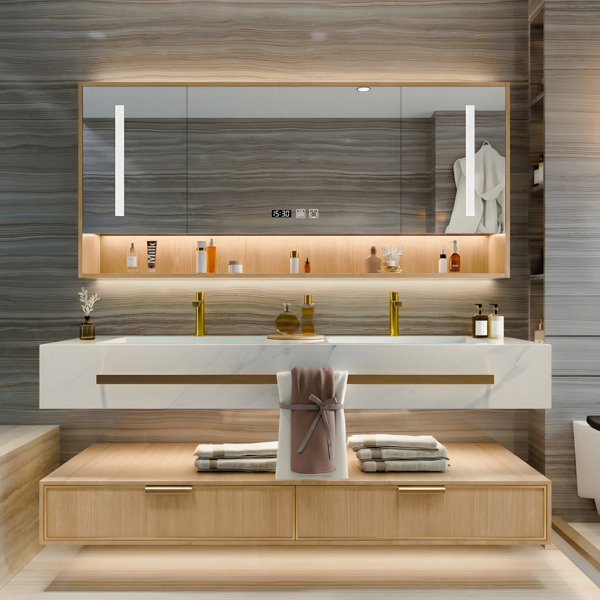 Modern Bath Vanity Set, Natural, Split White Top, 32"- 78", Single/Double, Floating, Smart LED Mirror, Rear Cabinet