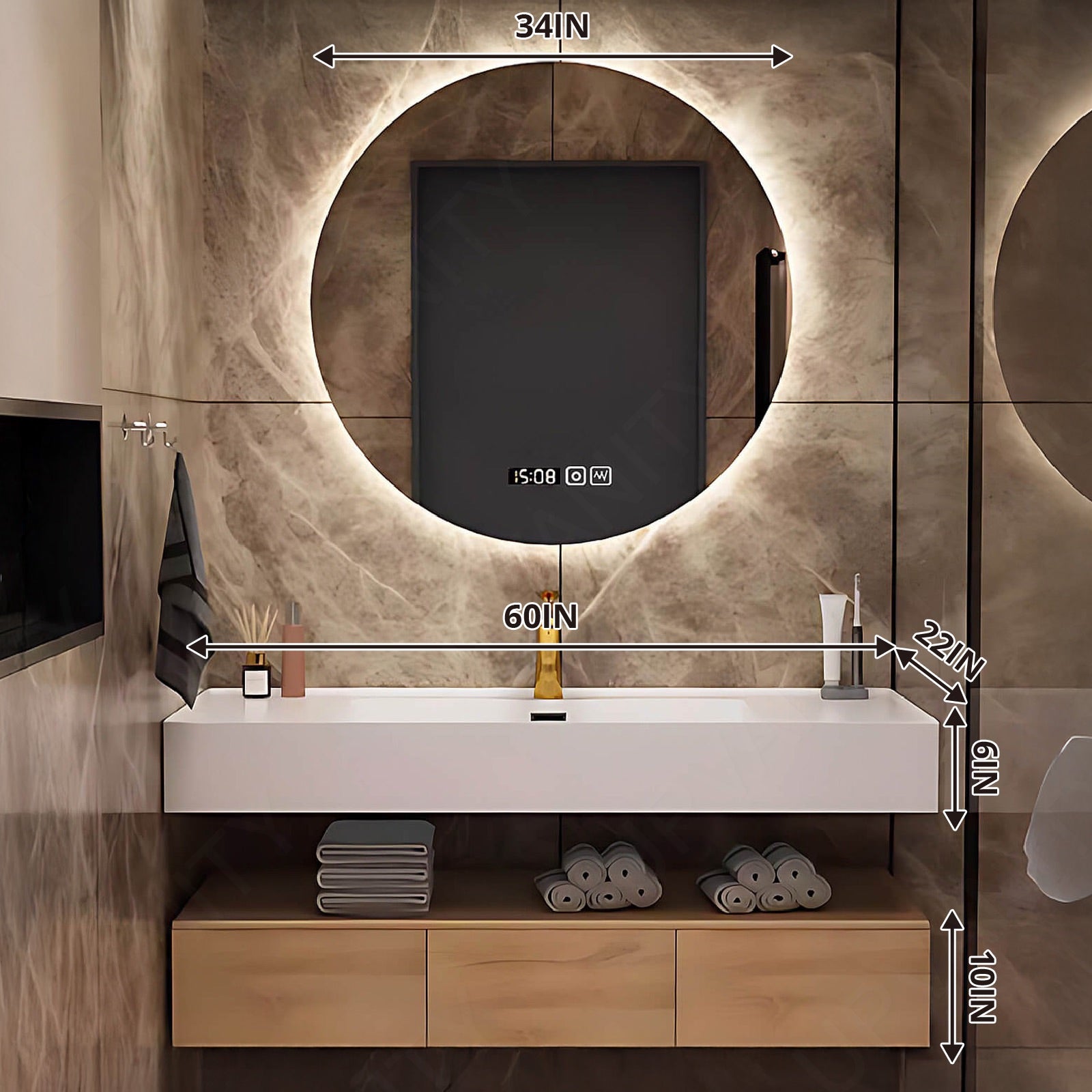 Modern Bath Vanity Set, Natural, Split White Top, 40"- 60", Single, Floating, Minimalist, Round Smart LED Mirror
