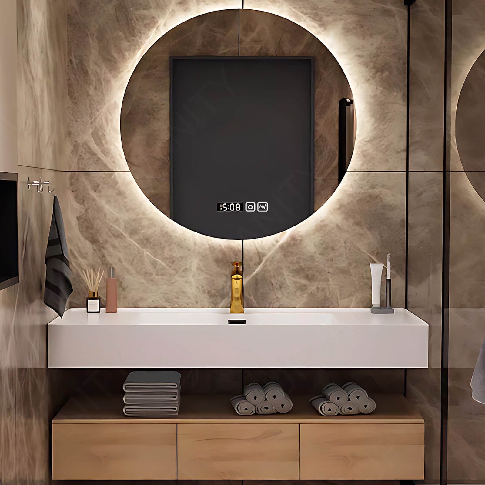 Modern Bath Vanity Set, Natural, Split White Top, 40"- 60", Single, Floating, Minimalist, Round Smart LED Mirror