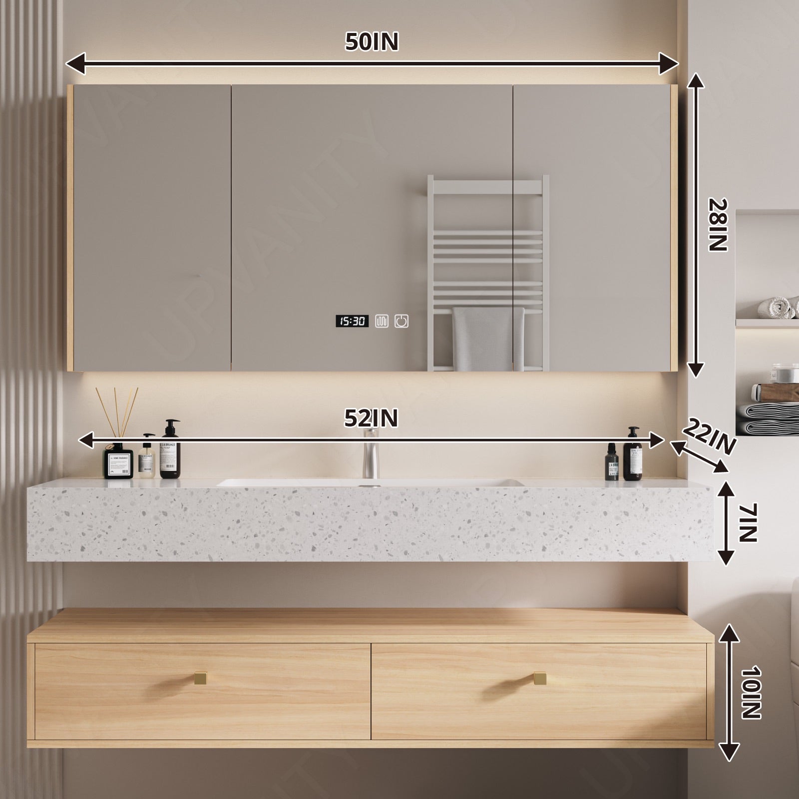 Modern Bath Vanity Set, Natural, Split White Top, 40"-60", Single, Floating, Open Storage, Smart LED Mirror, Rear Cabinet