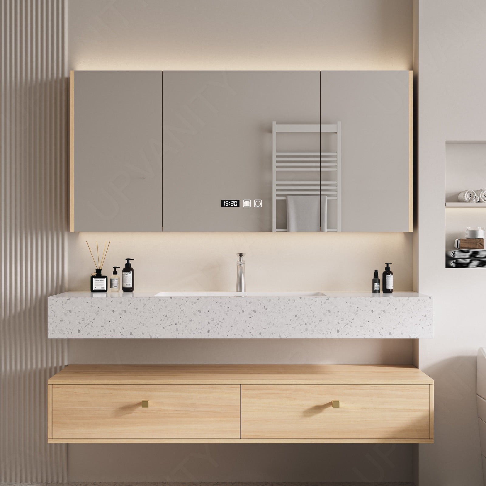 Modern Bath Vanity Set, Natural, Split White Top, 40"-60", Single, Floating, Open Storage, Smart LED Mirror, Rear Cabinet