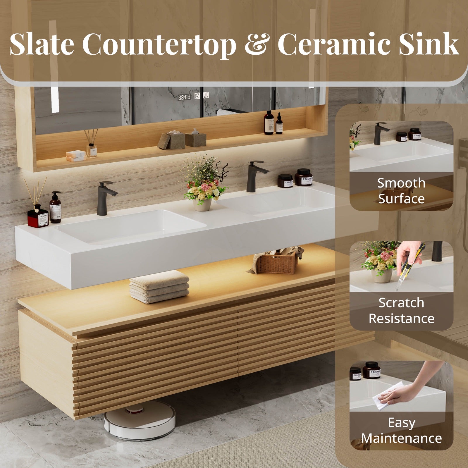 Split Vanity Modern Bath Vanity Set, Black, Split White Top, 52