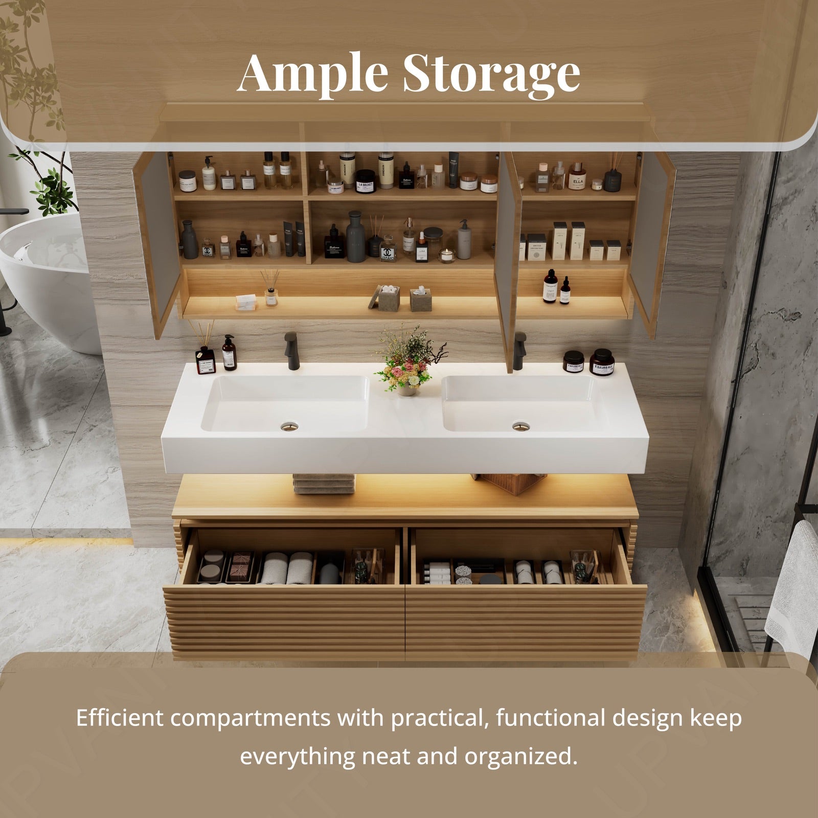 Split Vanity Modern Bath Vanity Set, Black, Split White Top, 52