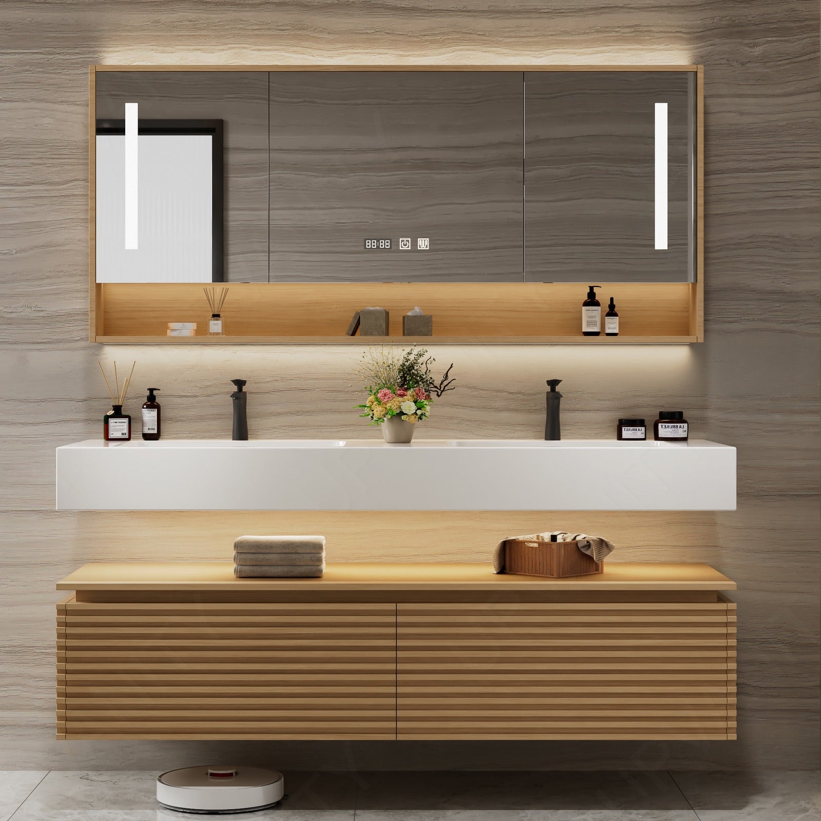 Modern Bath Vanity Set, Natural, Split White Top, 52"- 78", Double, Floating, Smart LED Mirror, Rear Cabinet