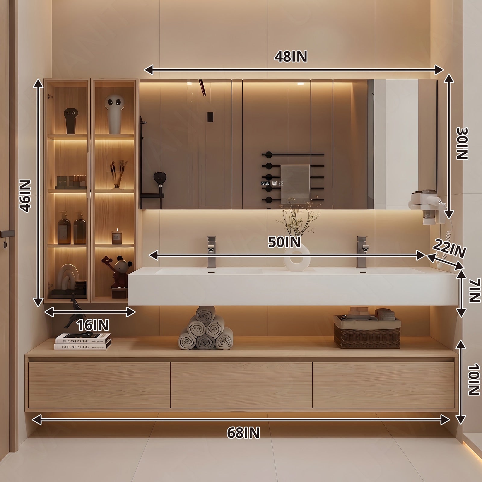 Modern Bath Vanity Set, Natural, Split White Top, Open Storage, 52"-76", Single, Floating, Glass Door, Smart LED Mirror, Line/Rear Cabinet