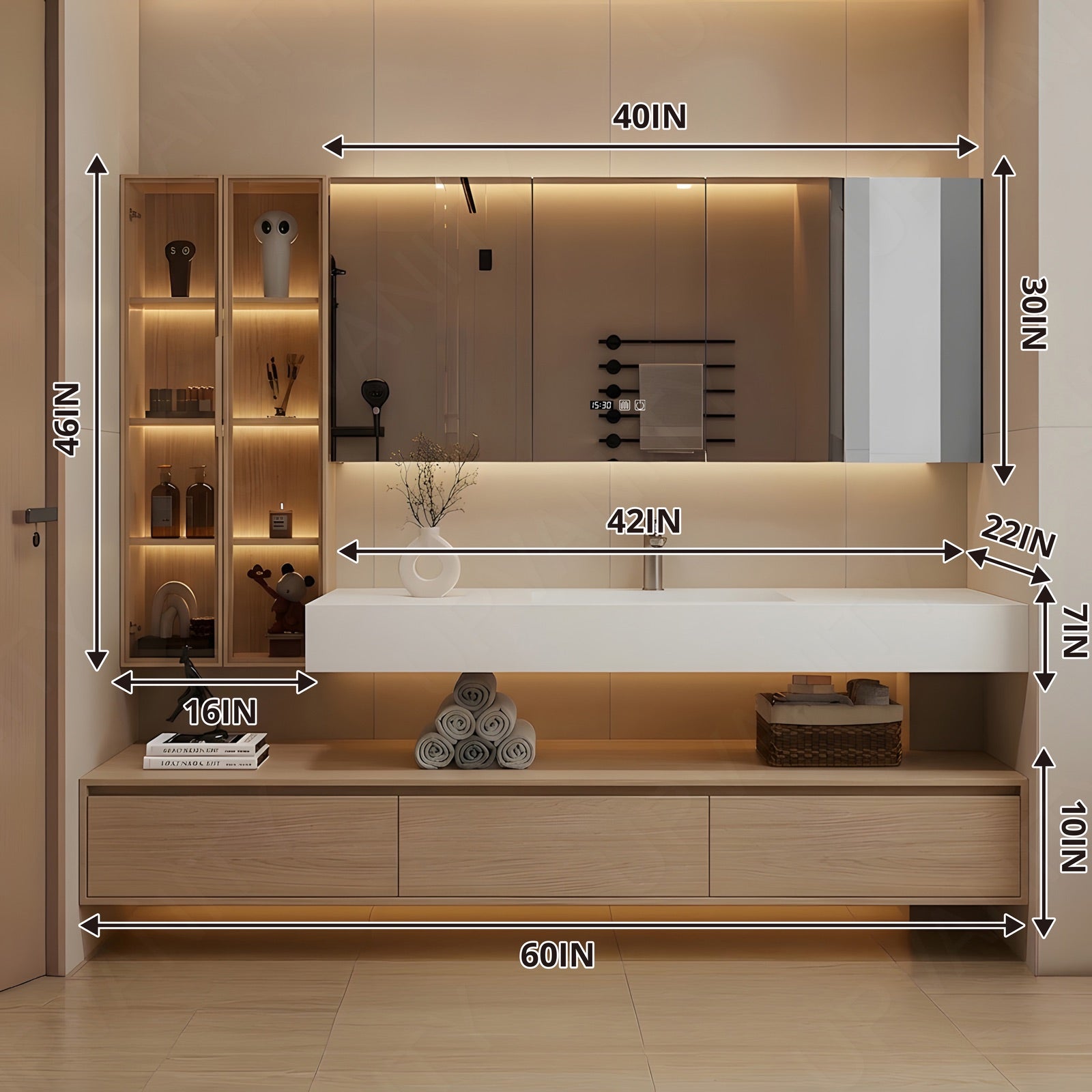 Modern Bath Vanity Set, Natural, Split White Top, Open Storage, 52"-76", Single, Floating, Glass Door, Smart LED Mirror, Line/Rear Cabinet