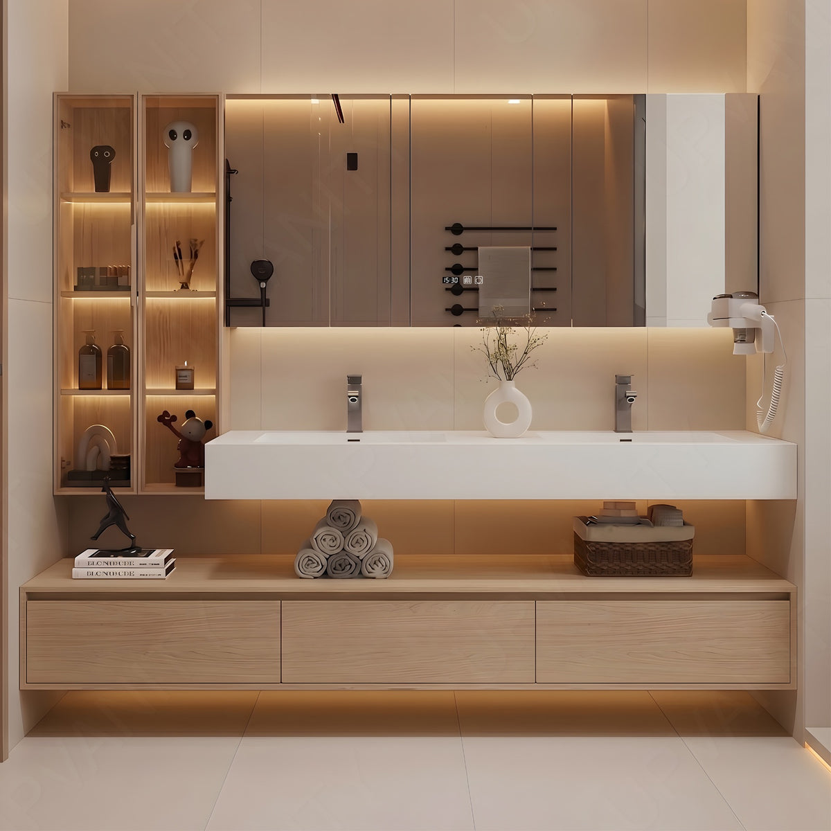 Modern Bath Vanity Set, Natural, Split White Top, Open Storage, 52"-76", Single, Floating, Glass Door, Smart LED Mirror, Line/Rear Cabinet