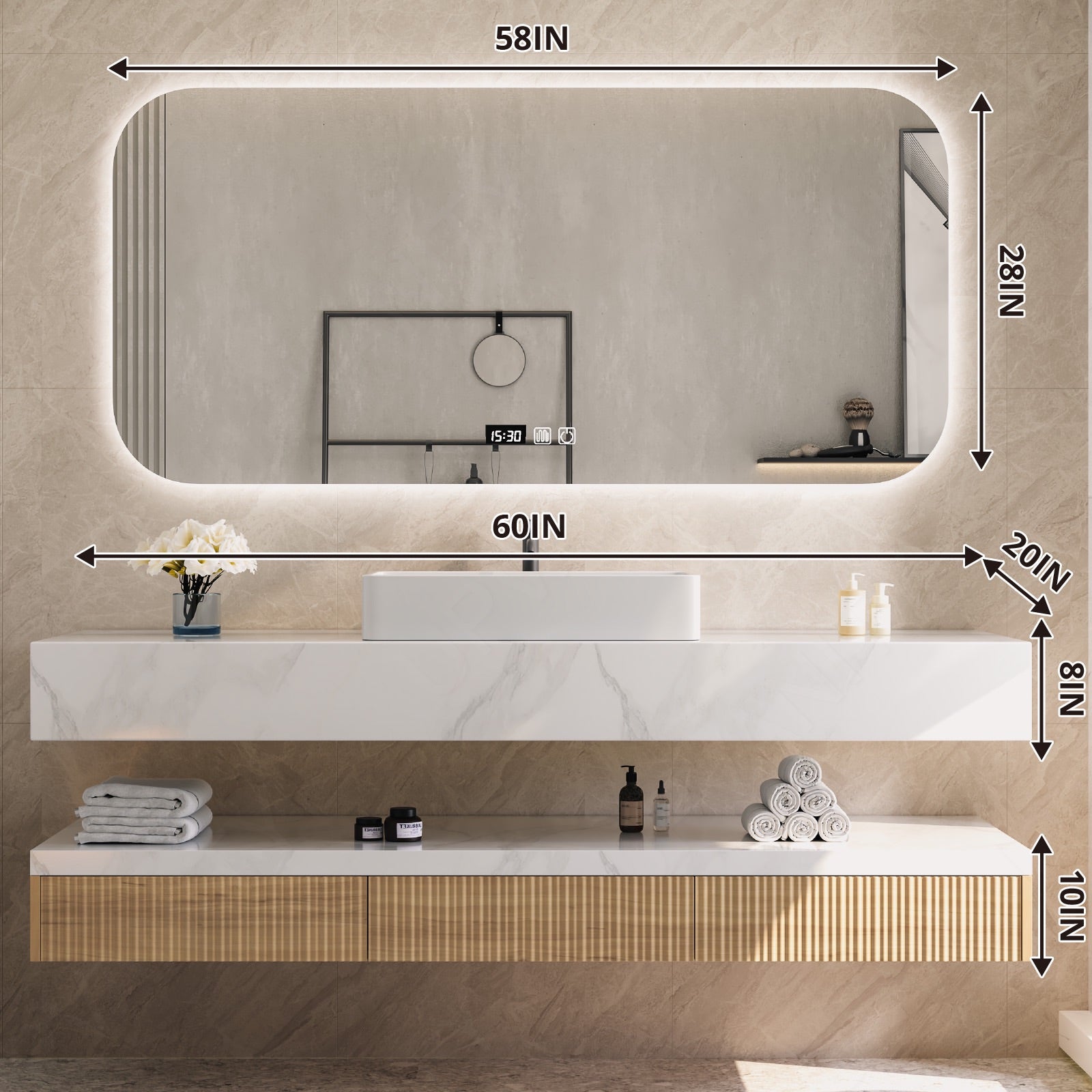 Modern Bath Vanity Set, Natural, Split White Top, Striped Panel, 40"-64", Single, Floating, Vessel Sink, Open Storage, Smart LED Mirror