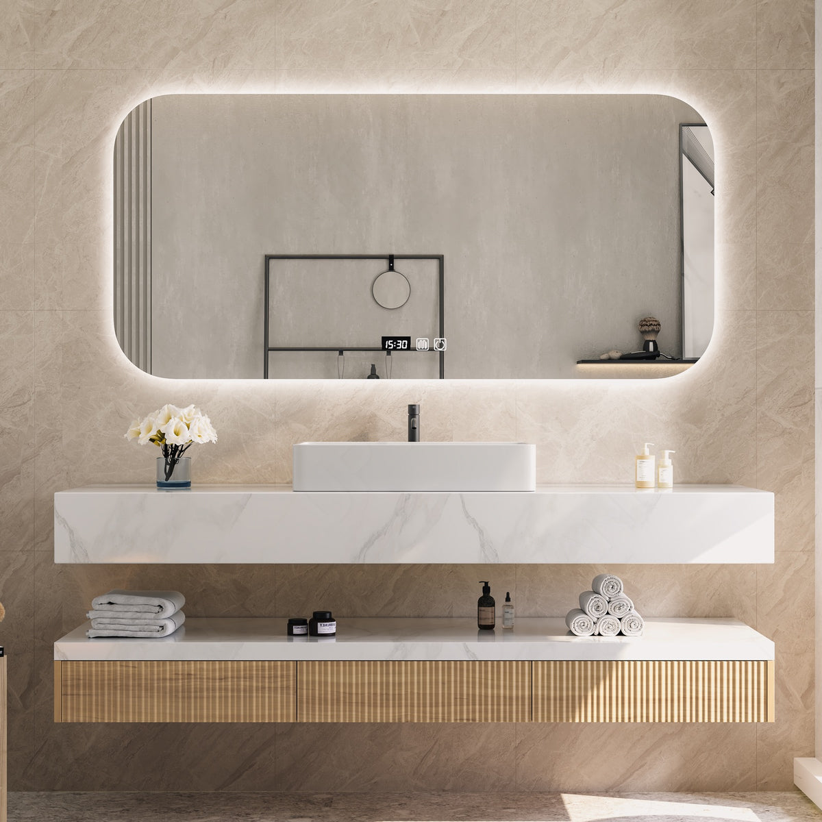 Modern Bath Vanity Set, Natural, Split White Top, Striped Panel, 40"-64", Single, Floating, Vessel Sink, Open Storage, Smart LED Mirror