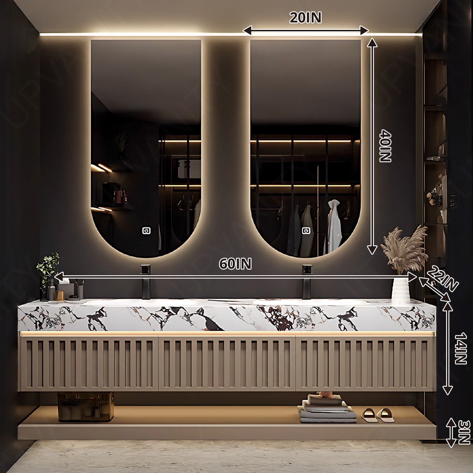 Modern Bath Vanity Set, Natural, Striped Panel, Open Storage, 56"- 78", Double, Floating, Irregular Smart LED Mirror