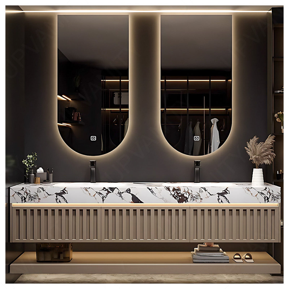 Modern Bath Vanity Set, Natural, Striped Panel, Open Storage, 56"- 78", Double, Floating, Irregular Smart LED Mirror