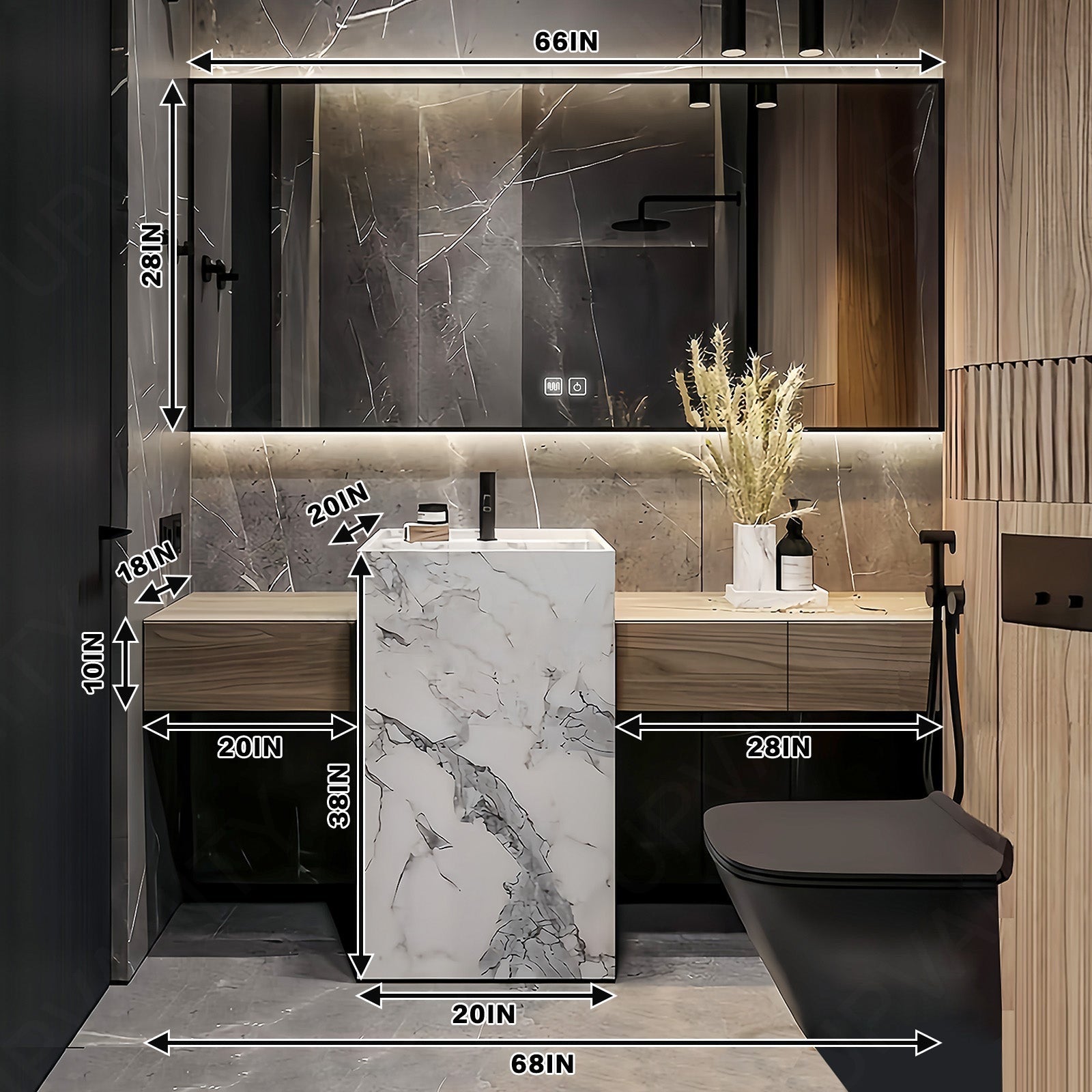 Modern Bath Vanity Set, Natural, Textured Column, 52"- 72", Single, Freestanding, Smart LED Mirror