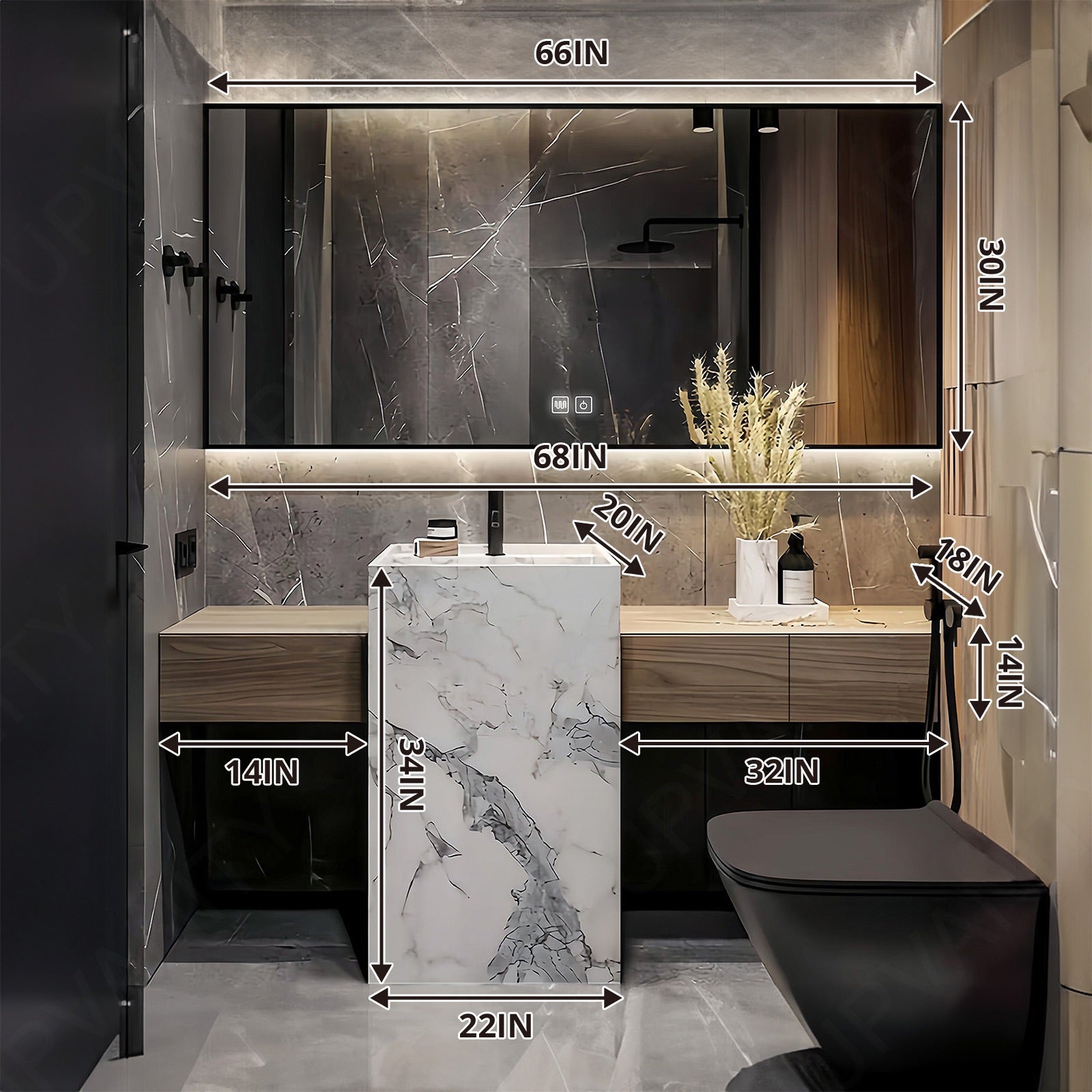 Modern Bath Vanity Set, Natural, Textured Column, 64"- 76", Single, Freestanding, Smart LED Mirror