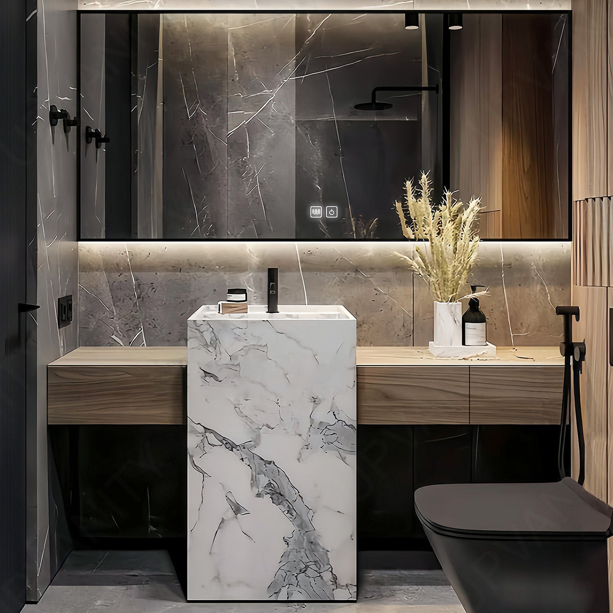 Modern Bath Vanity Set, Natural, Textured Column, 64"- 76", Single, Freestanding, Smart LED Mirror