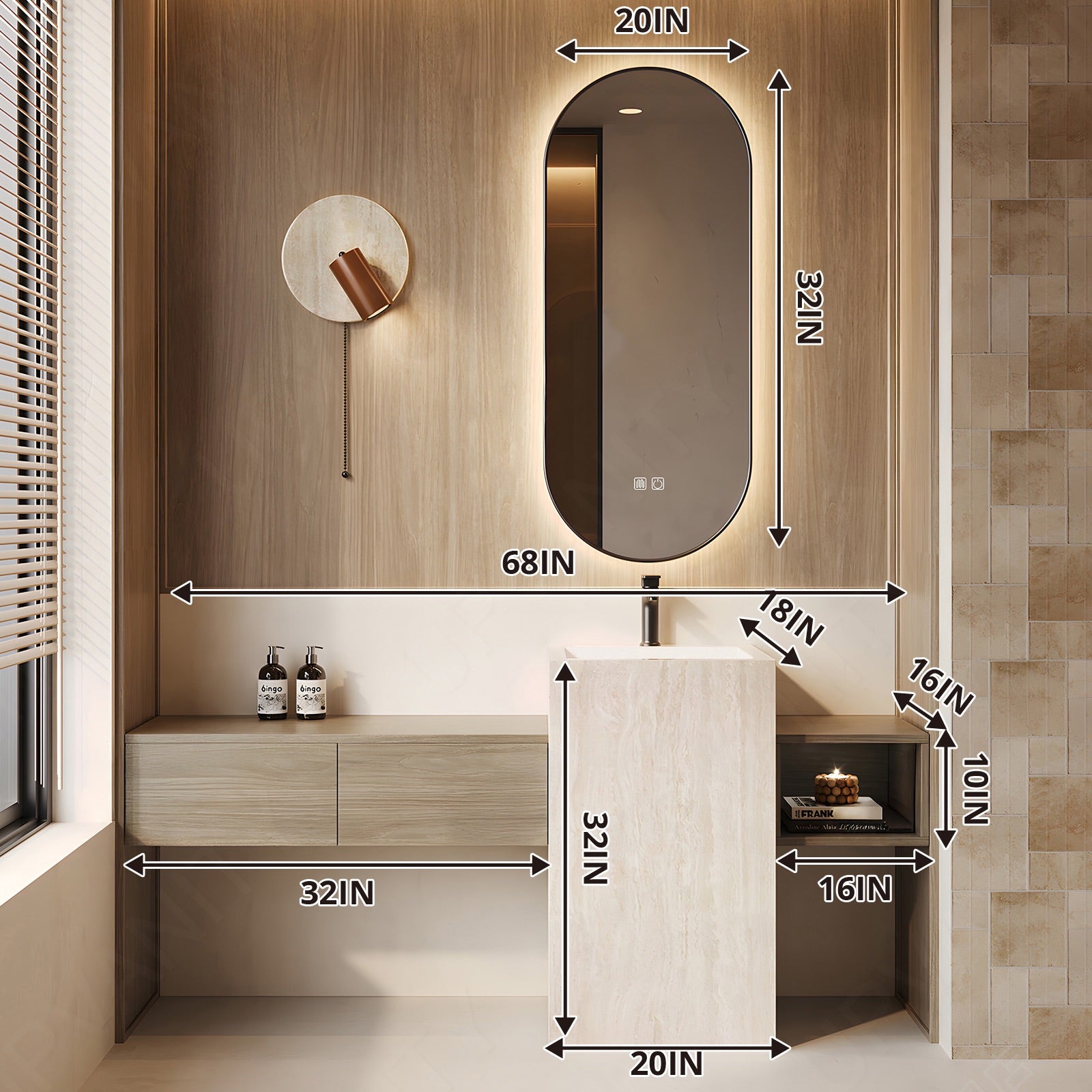 Modern Bath Vanity Set, Natural, White Column, 56"- 72", Single, Freestanding, Open Storage, Oval Smart LED Mirror